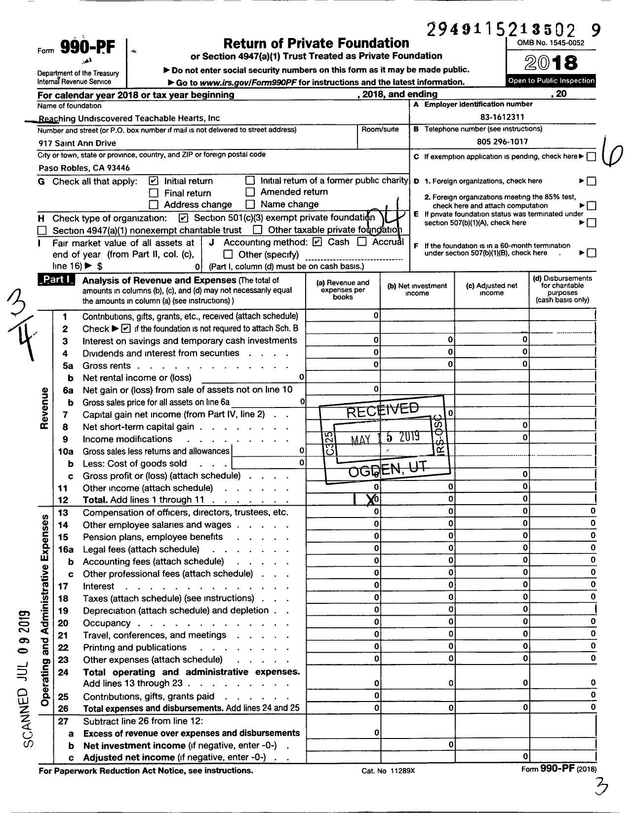 Image of first page of 2018 Form 990PF for Reaching Undiscovered Teachable Hearts