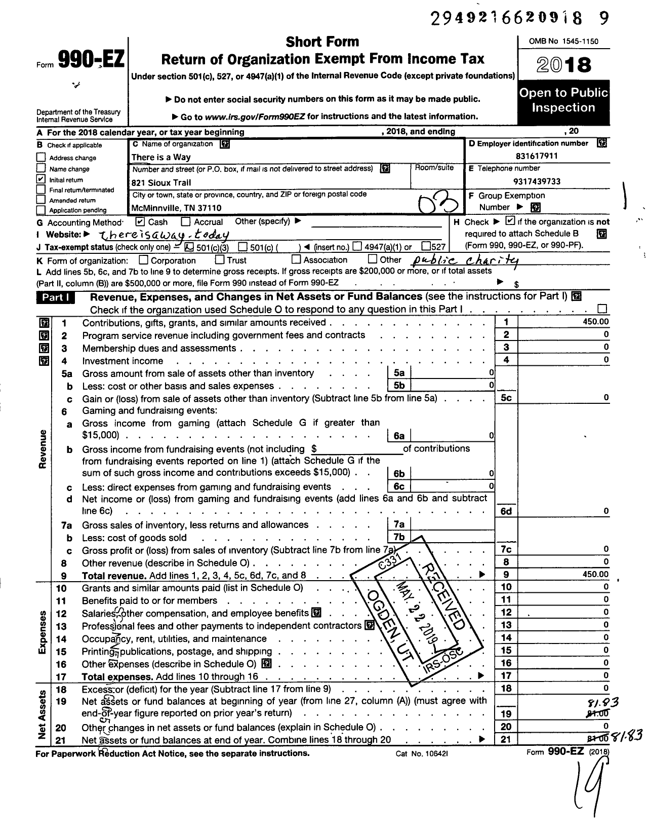 Image of first page of 2018 Form 990EZ for There Is A Way