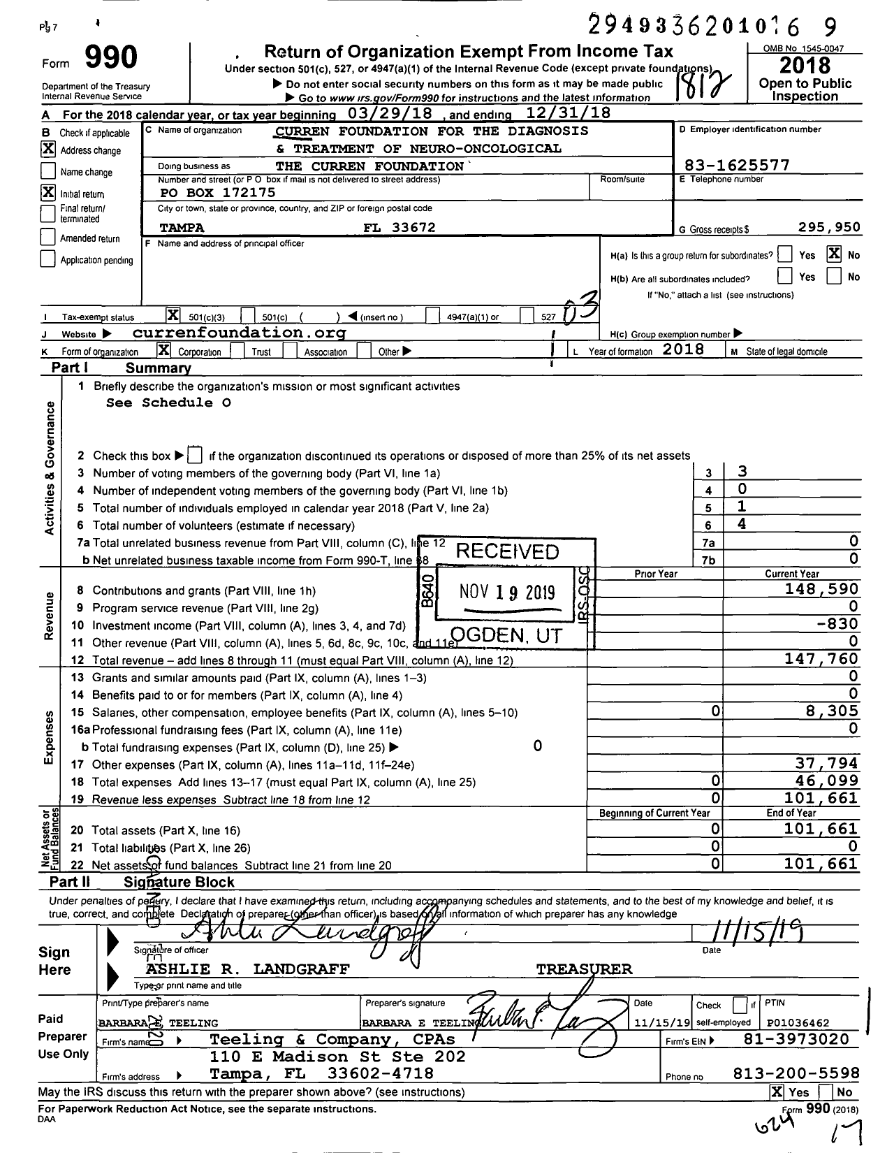 Image of first page of 2018 Form 990 for Curren Foundation for the Diagnosis and TX of Neuro-Oncological Disorders