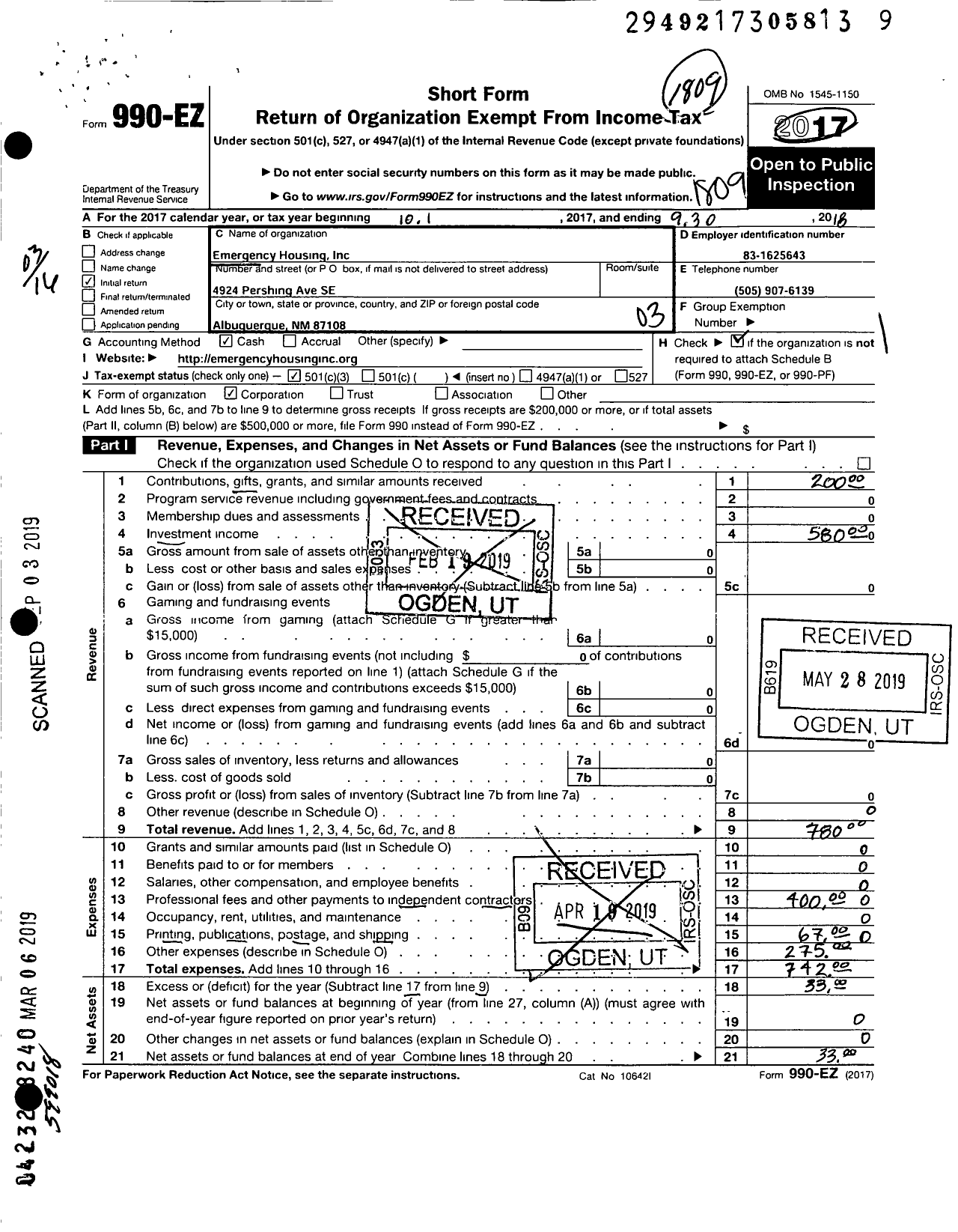 Image of first page of 2017 Form 990EZ for Emergency Housing