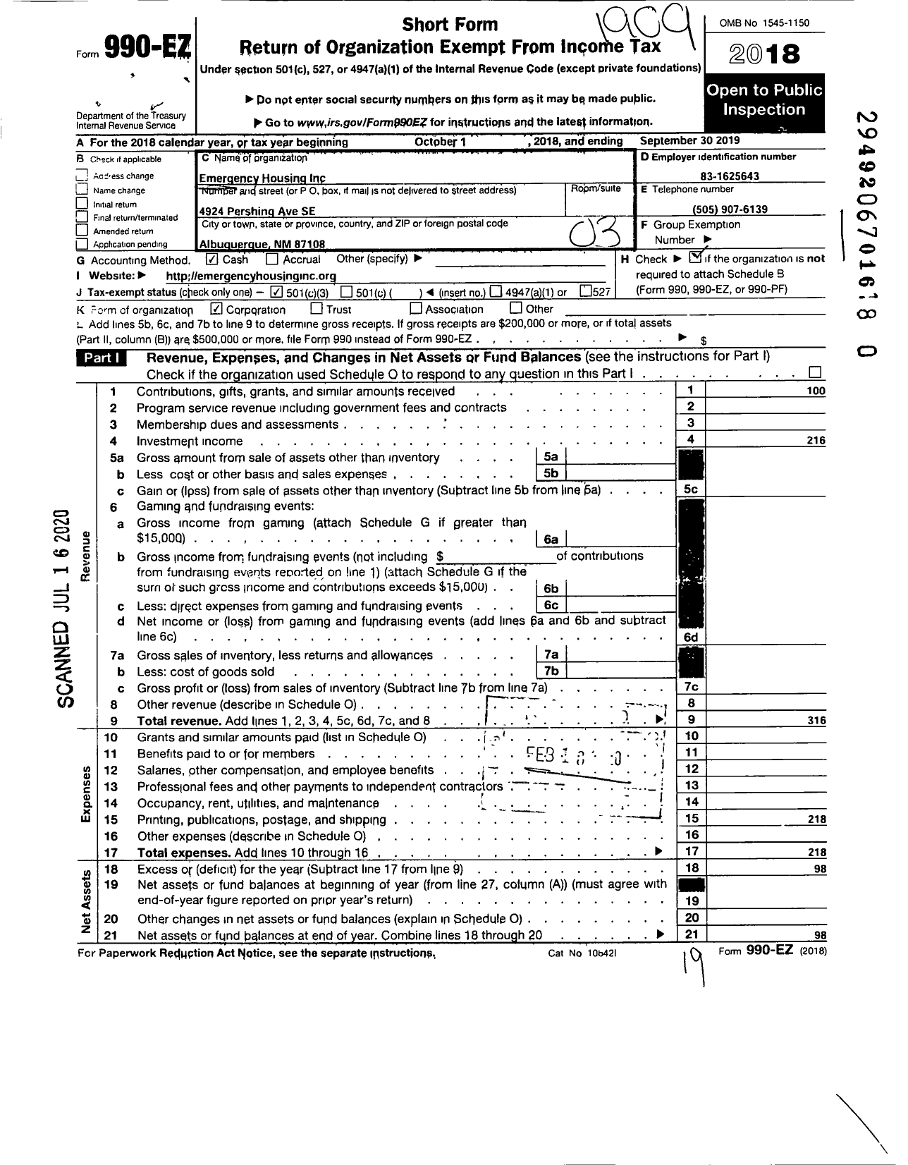 Image of first page of 2018 Form 990EZ for Emergency Housing