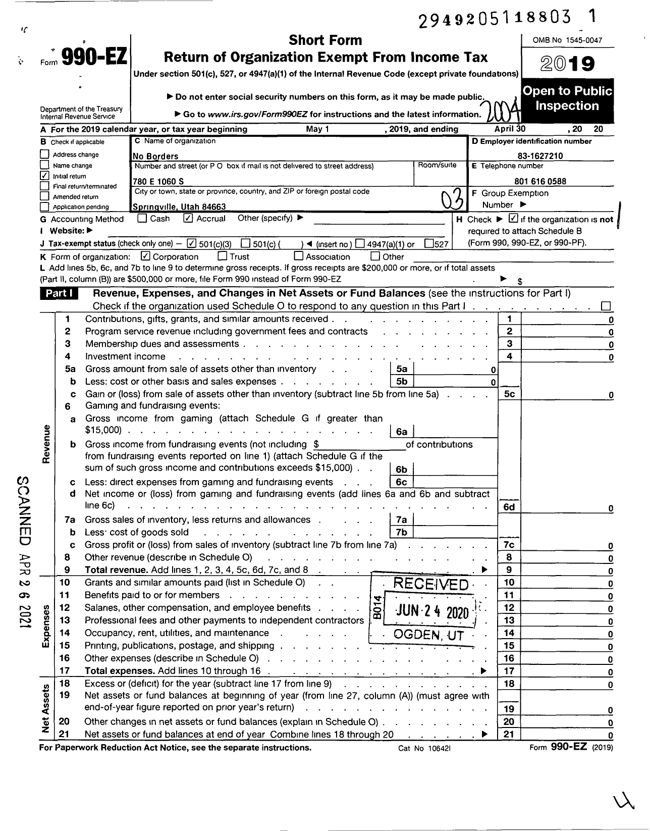 Image of first page of 2019 Form 990EZ for No Borders