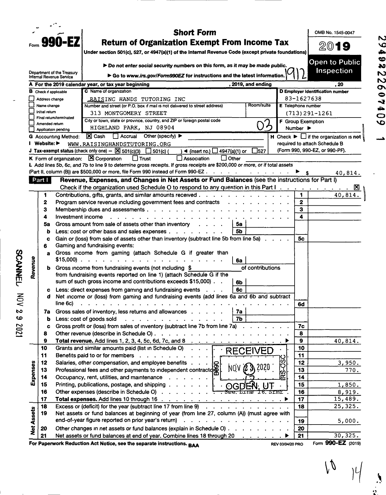 Image of first page of 2019 Form 990EZ for Raising Hands Tutoring