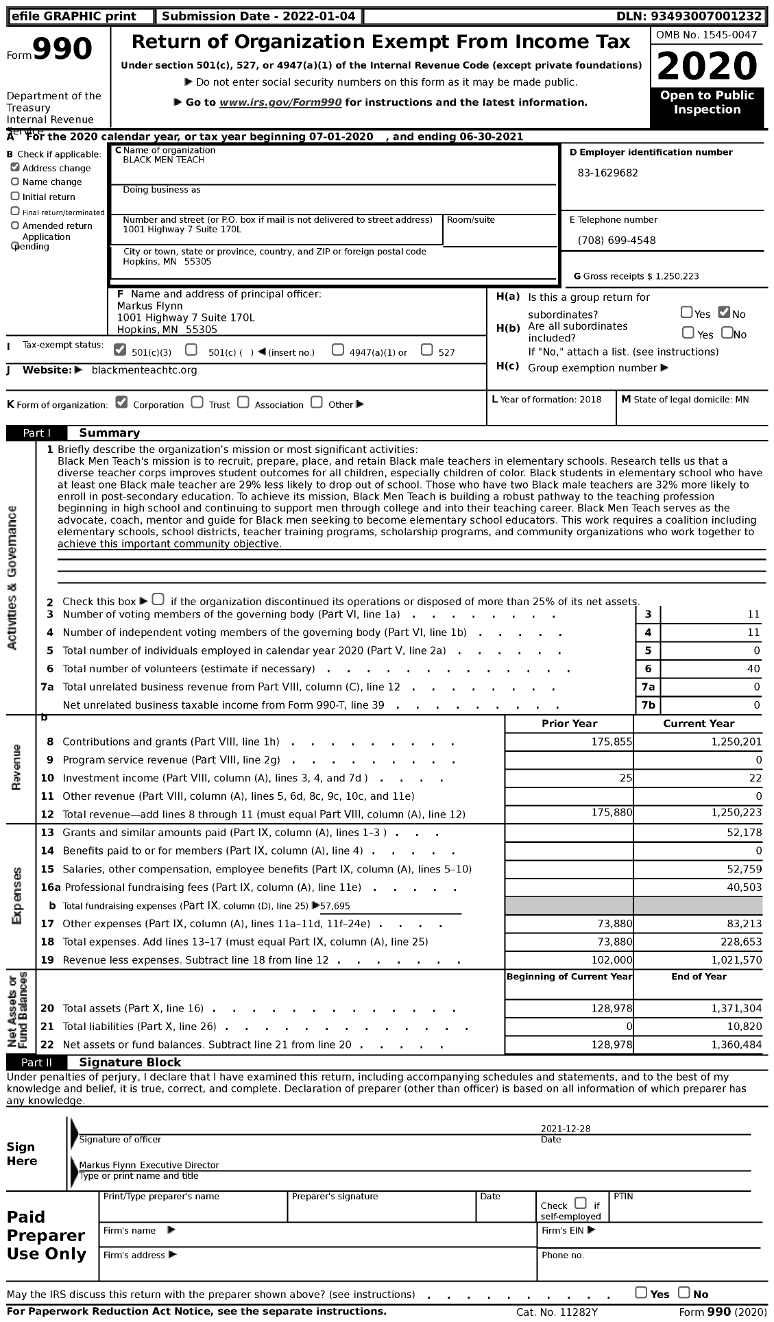 Image of first page of 2020 Form 990 for Black Men Teach