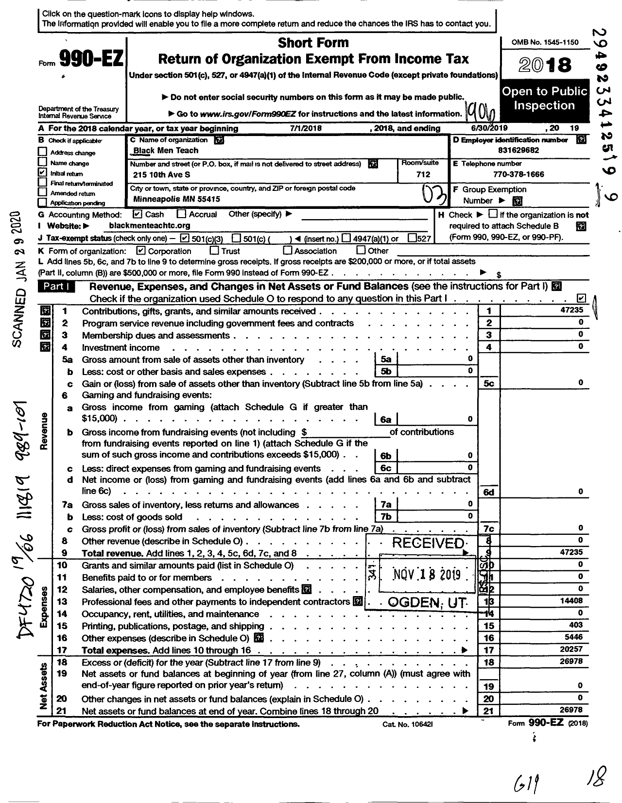 Image of first page of 2018 Form 990EZ for Black Men Teach