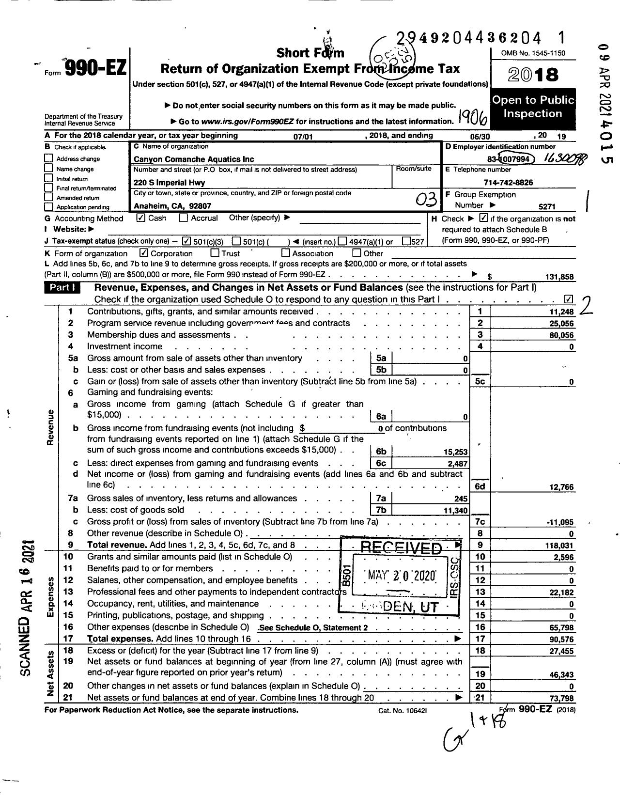 Image of first page of 2018 Form 990EZ for Canyon Comanche Aquatics