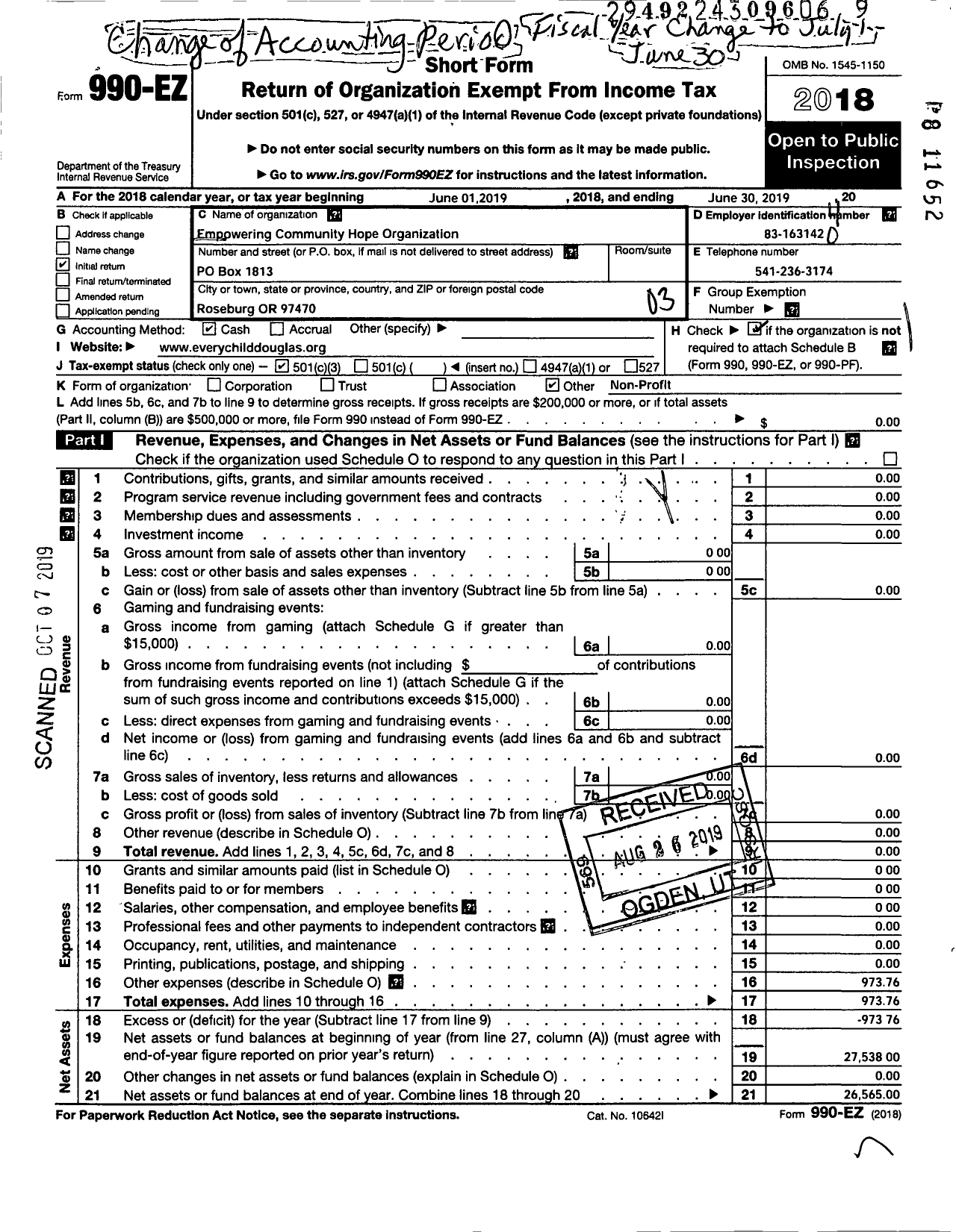 Image of first page of 2018 Form 990EZ for Empowering Community Hope Organization