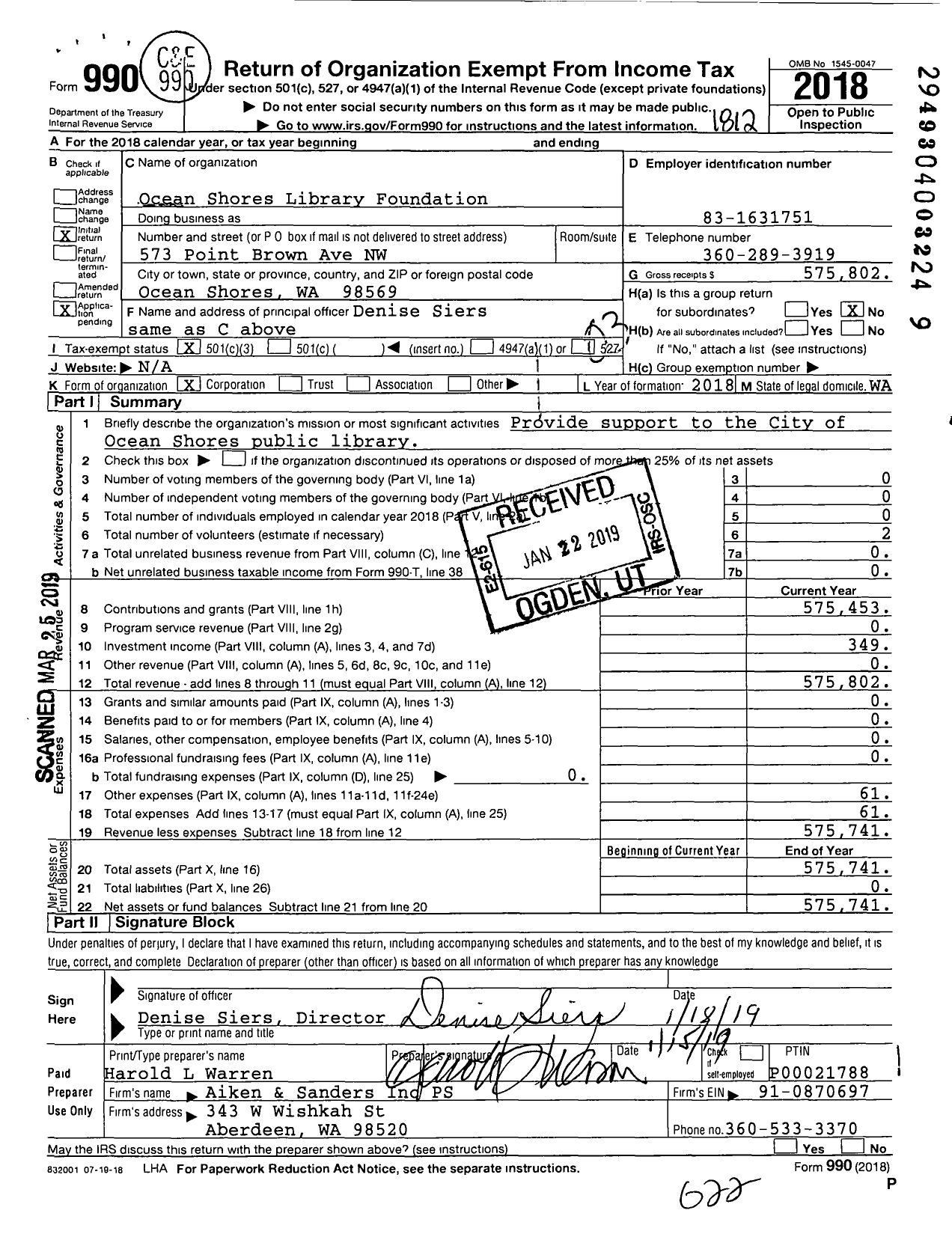 Image of first page of 2018 Form 990 for Ocean Shores Library Foundation