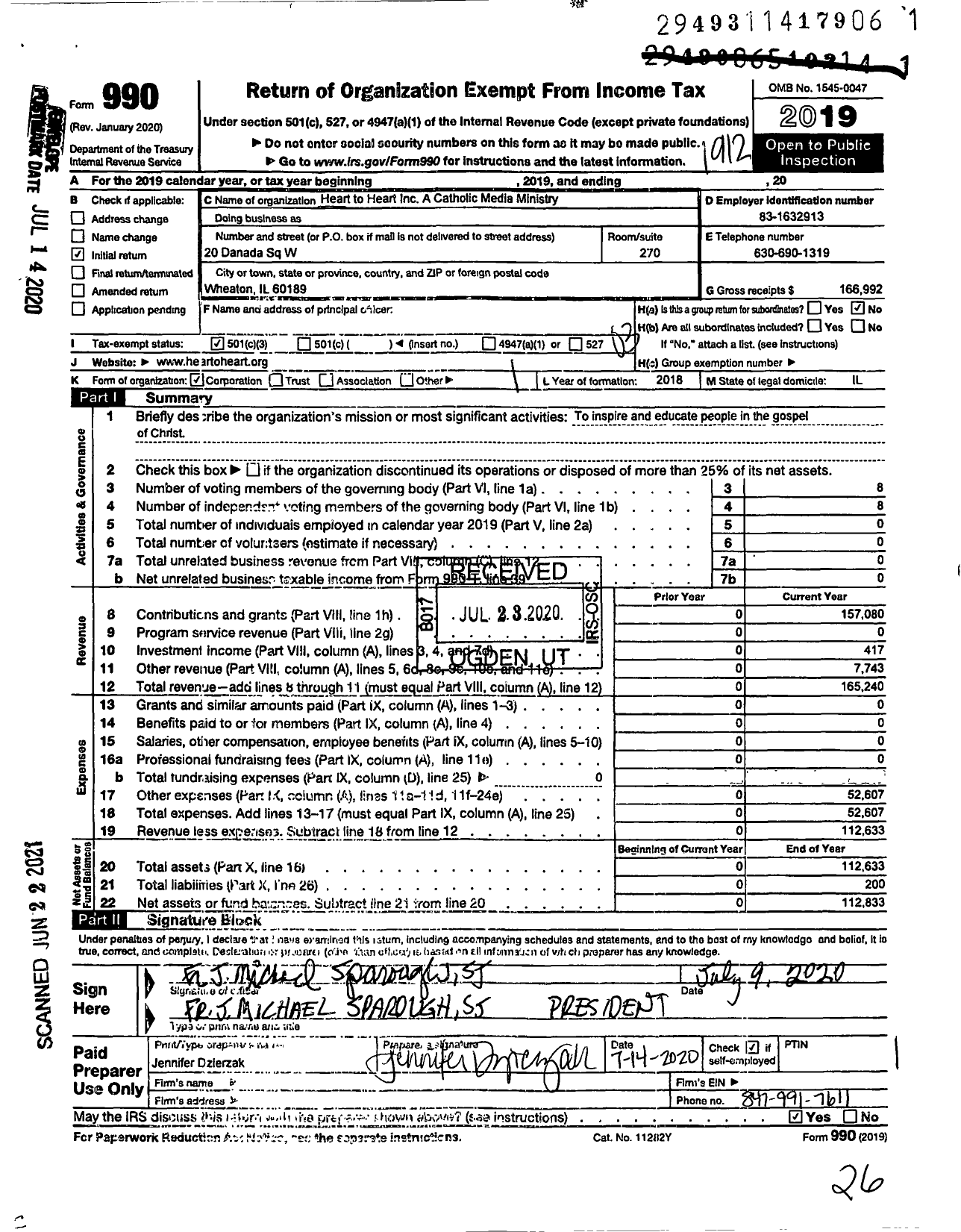 Image of first page of 2019 Form 990 for Heart To Heart A Catholic Media Ministry