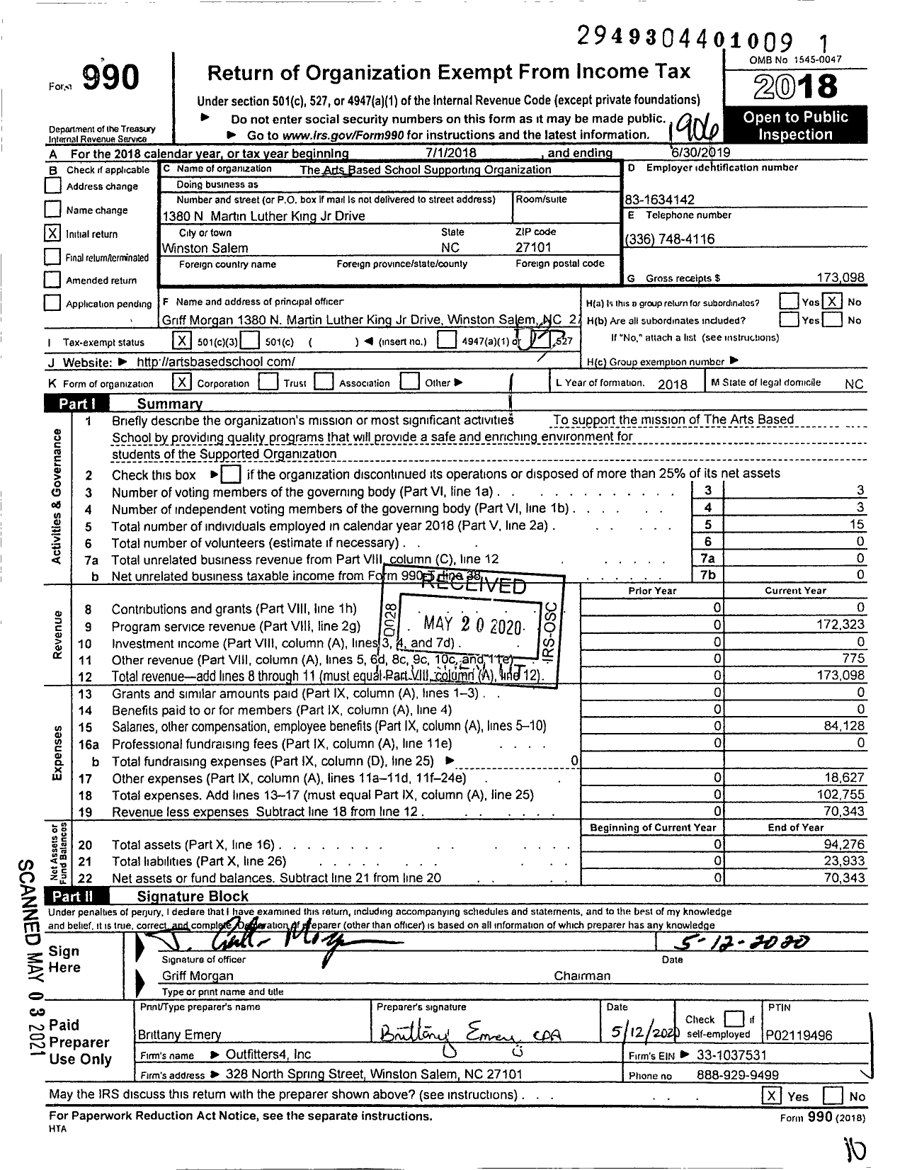 Image of first page of 2018 Form 990 for The Arts Based School Supporting Organization