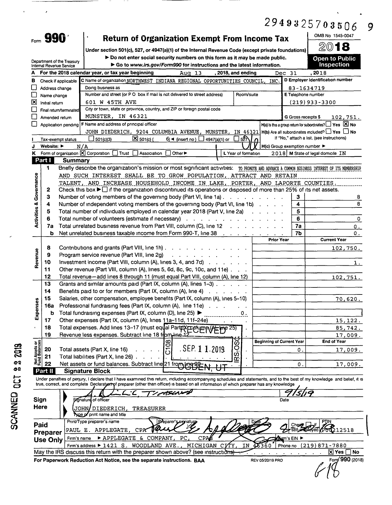 Image of first page of 2018 Form 990O for Northwest Indiana Regional Opportunities Council