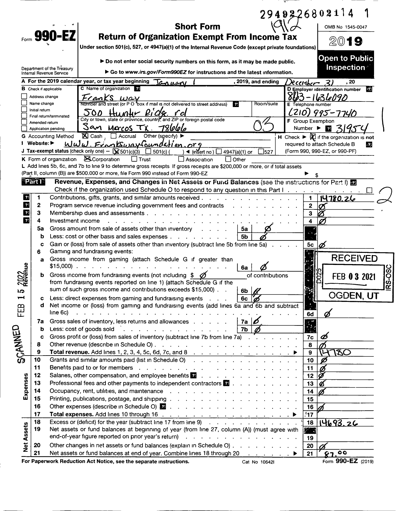 Image of first page of 2019 Form 990EZ for Franks Way