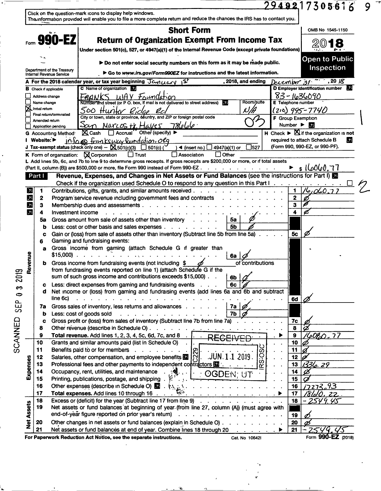 Image of first page of 2018 Form 990EZ for Franks Way