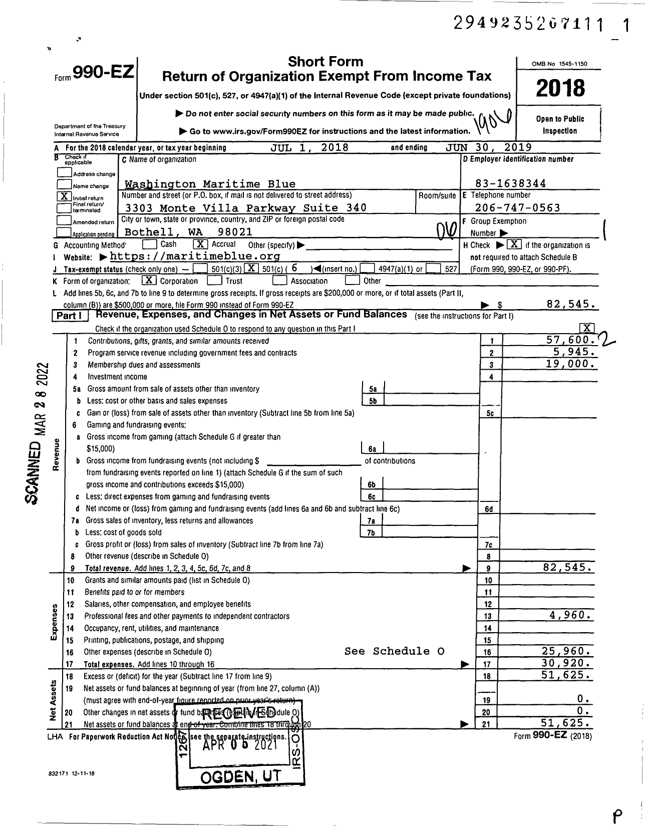 Image of first page of 2018 Form 990EO for Washington Maritime Blue