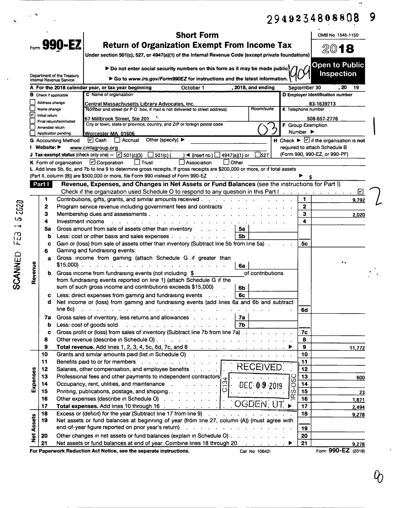 Image of first page of 2018 Form 990EZ for Central Massachusetts Library Advocates (CMLA)