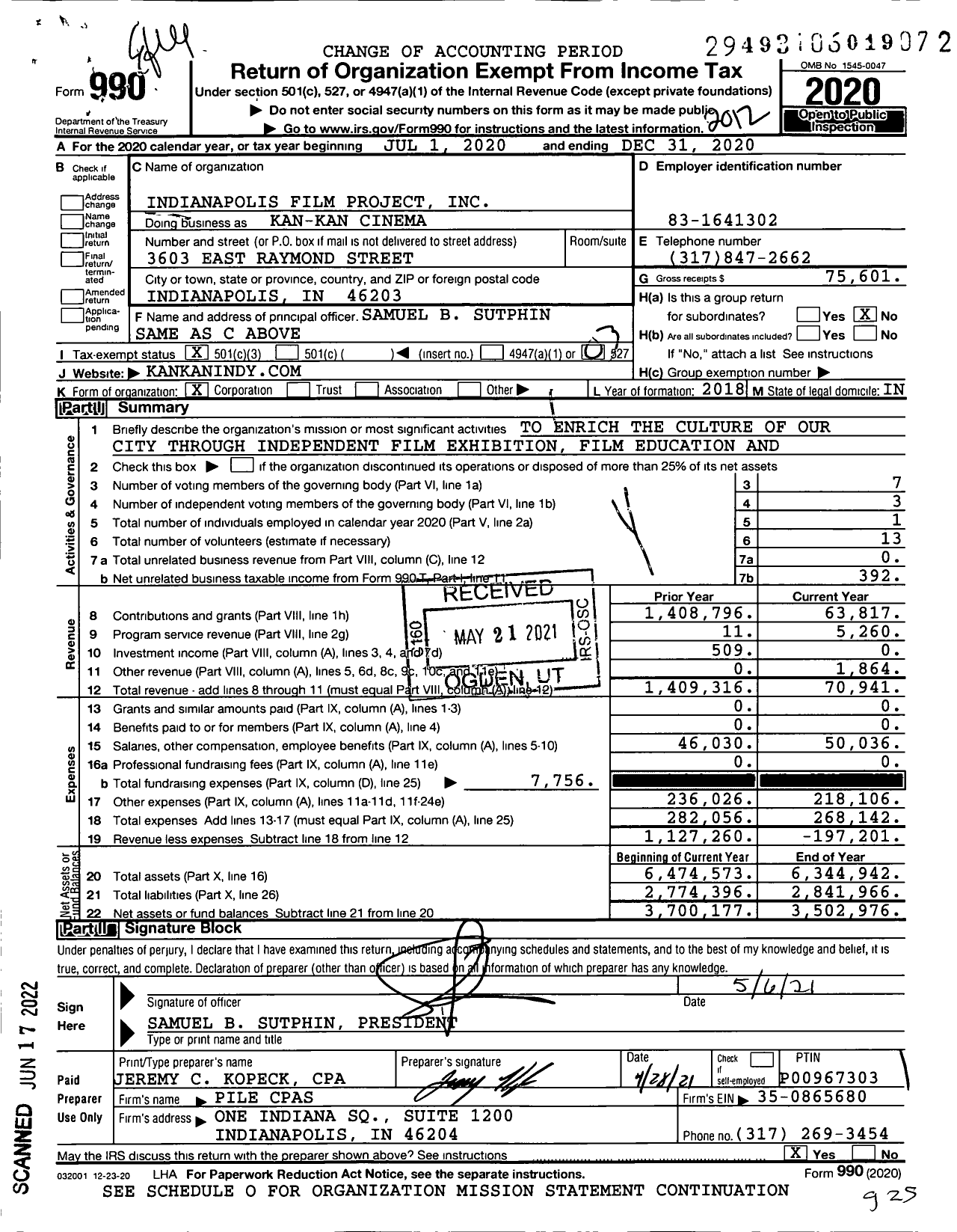 Image of first page of 2020 Form 990 for Kan-Kan Cinema