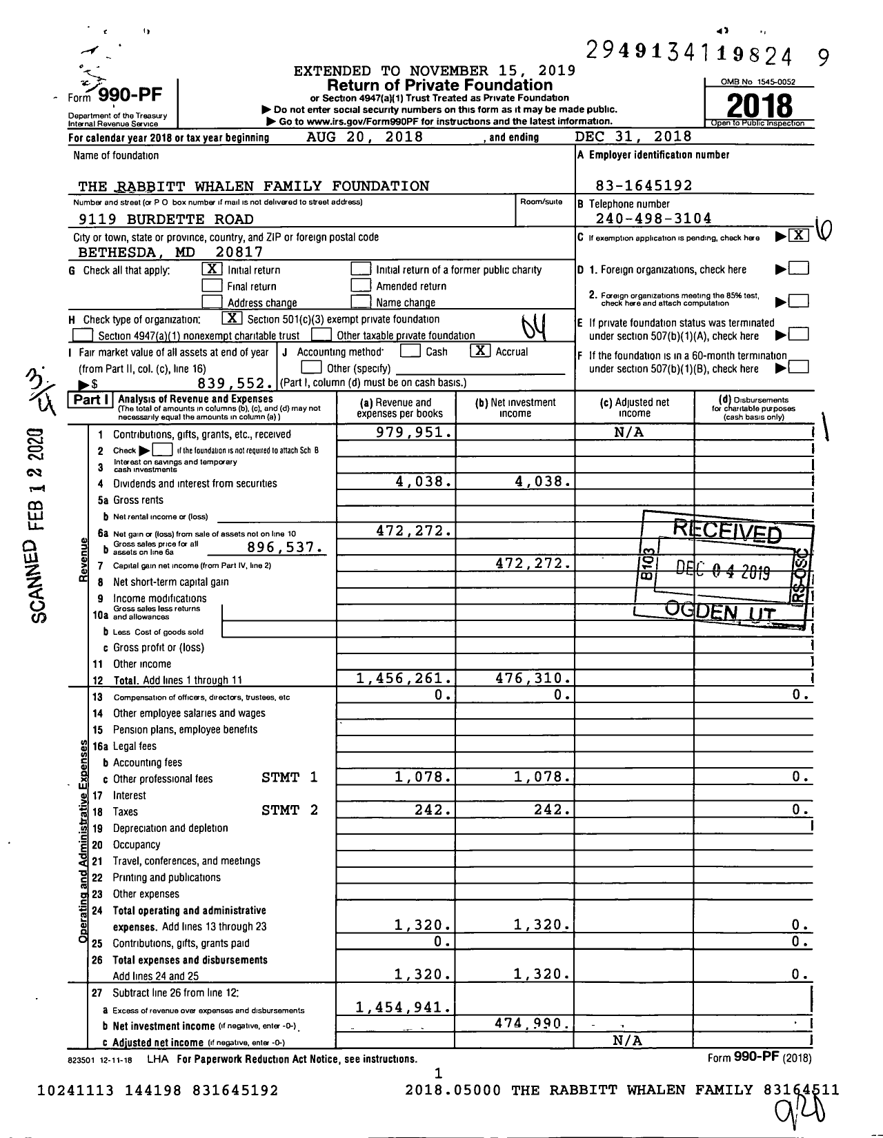 Image of first page of 2018 Form 990PF for The Rabbitt Whalen Family Foundation