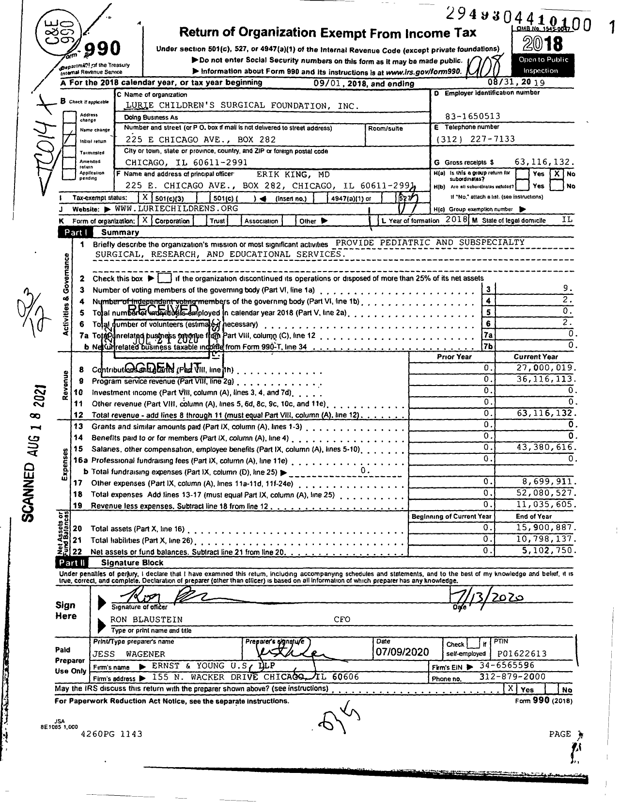 Image of first page of 2018 Form 990 for Lurie Children's Surgical Foundation