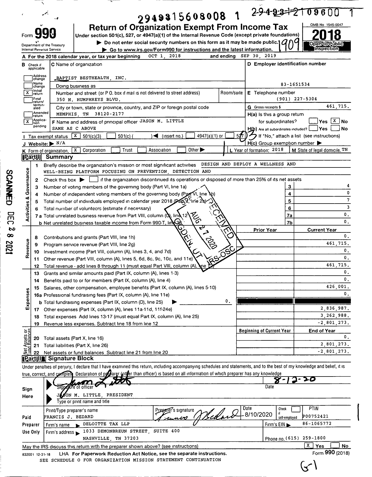 Image of first page of 2018 Form 990 for Baptist Besthealth