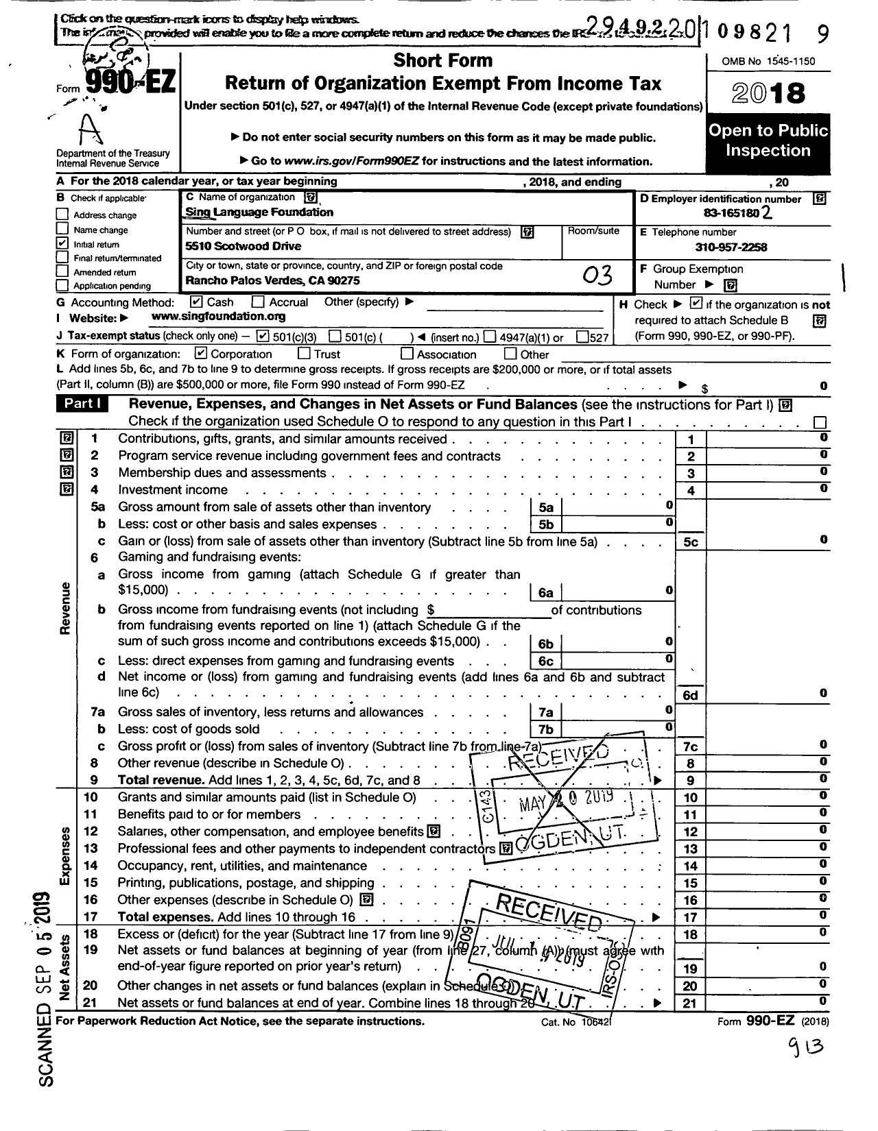 Image of first page of 2018 Form 990EZ for Sing Language Foundation