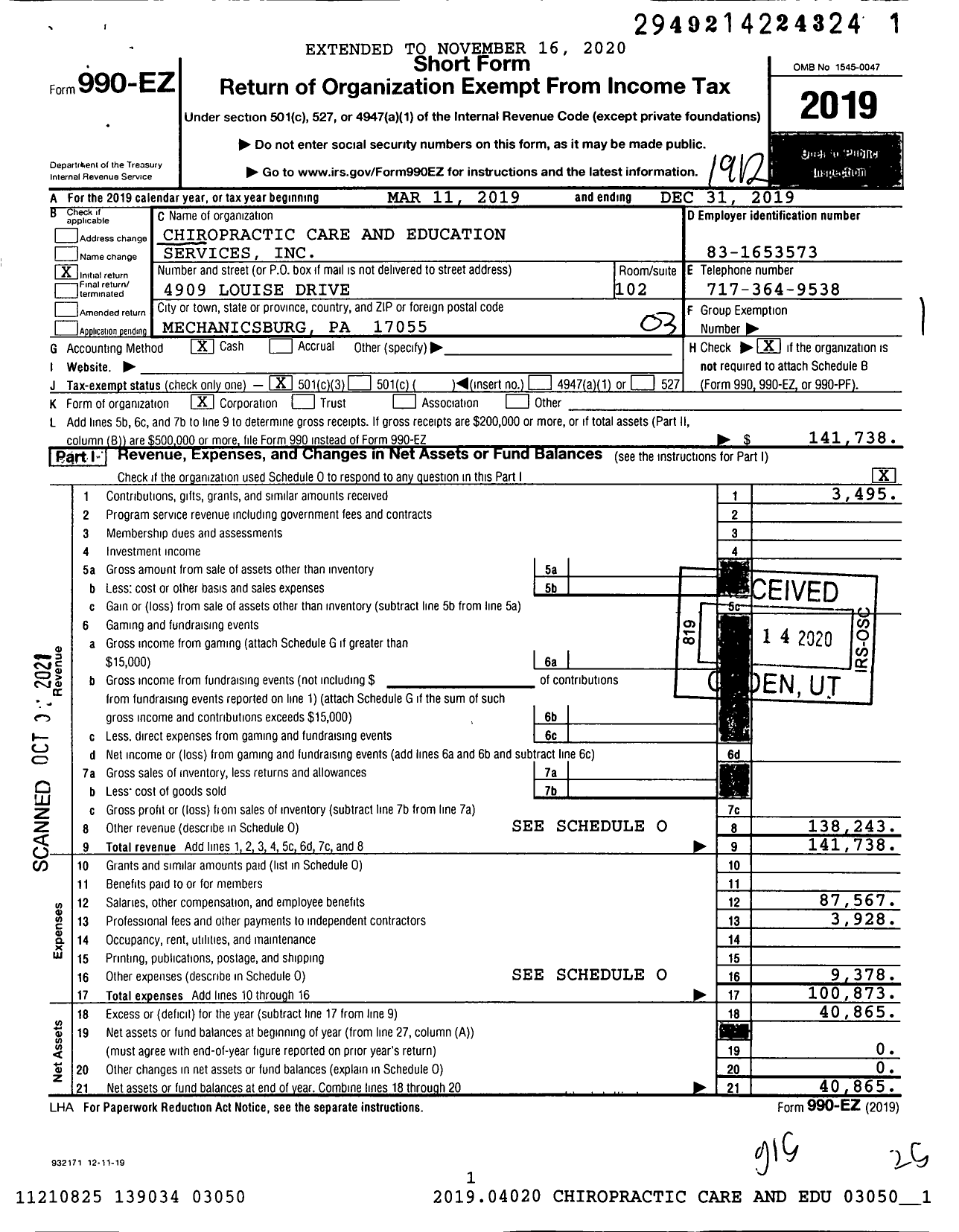 Image of first page of 2019 Form 990EZ for Chiropractic Care and Education Services