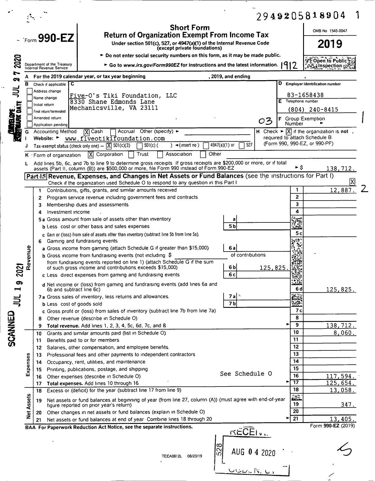 Image of first page of 2019 Form 990EZ for Five-Os Tiki Foundation