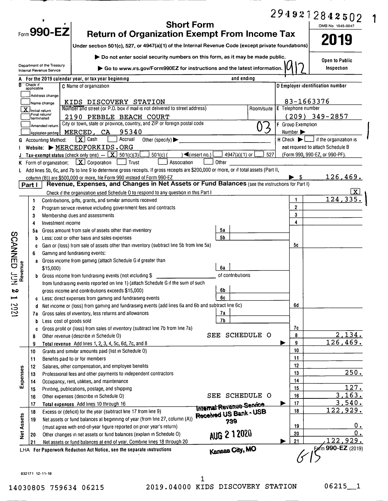 Image of first page of 2019 Form 990EZ for Kids Discovery Station