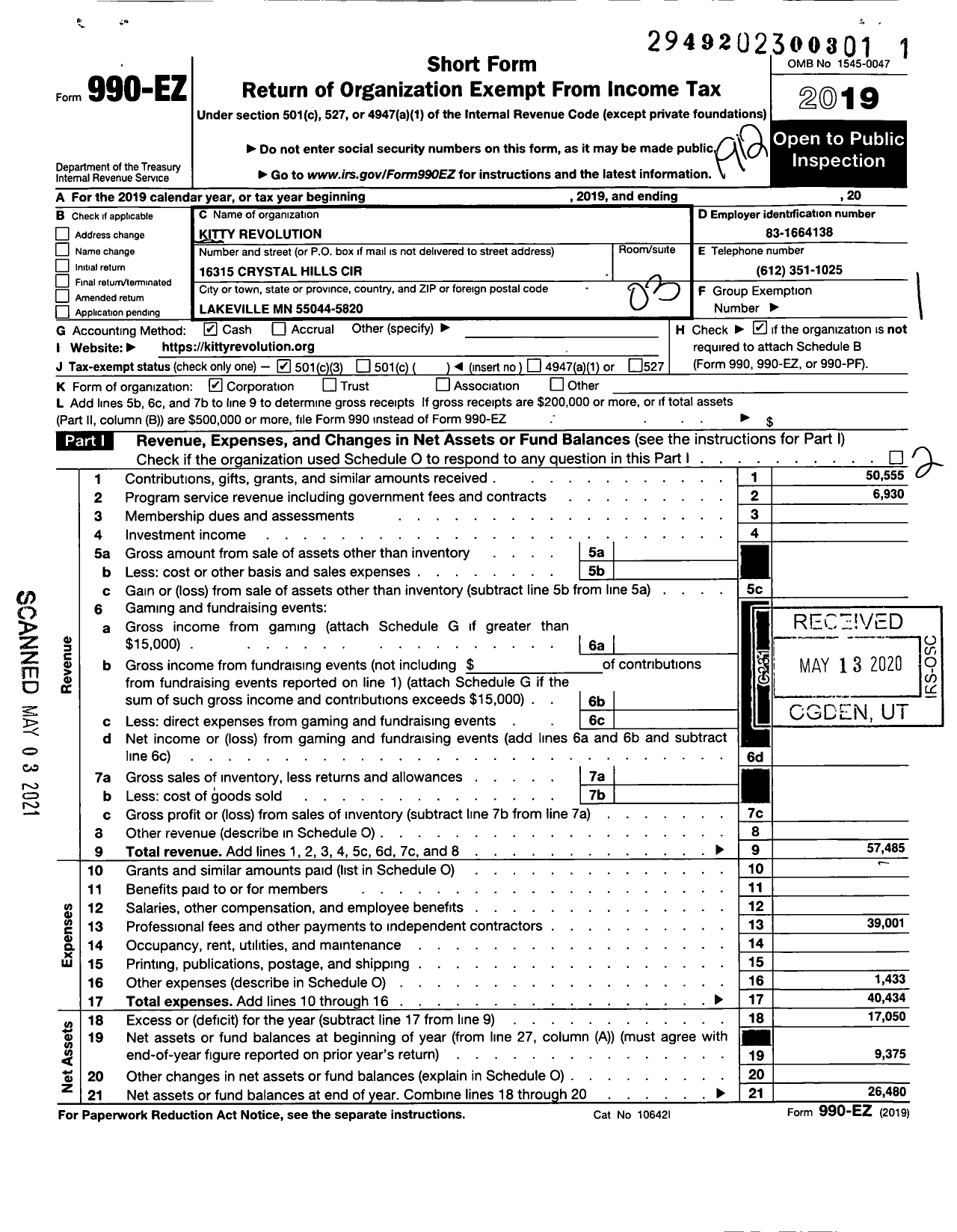 Image of first page of 2019 Form 990EZ for Kitty Revolution