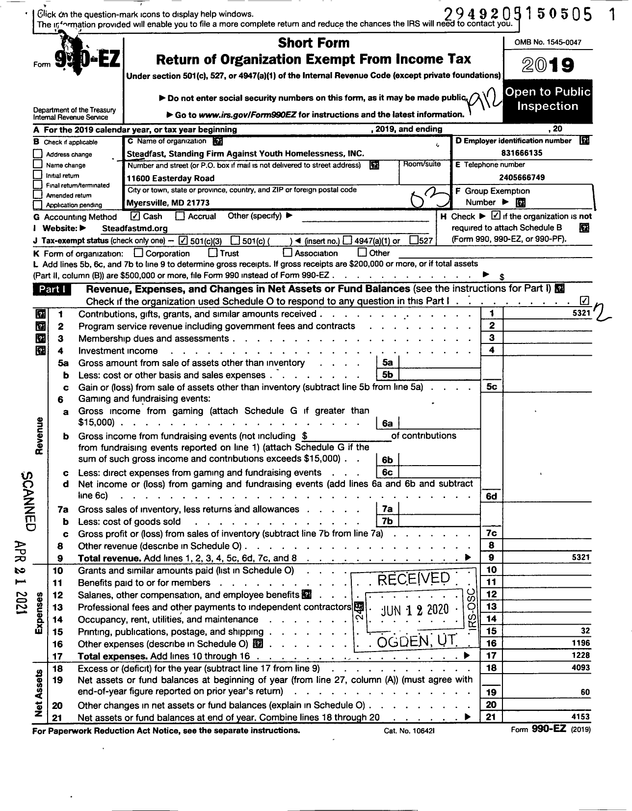 Image of first page of 2019 Form 990EZ for Steadfast Standing Firm Against Youth Homelessness