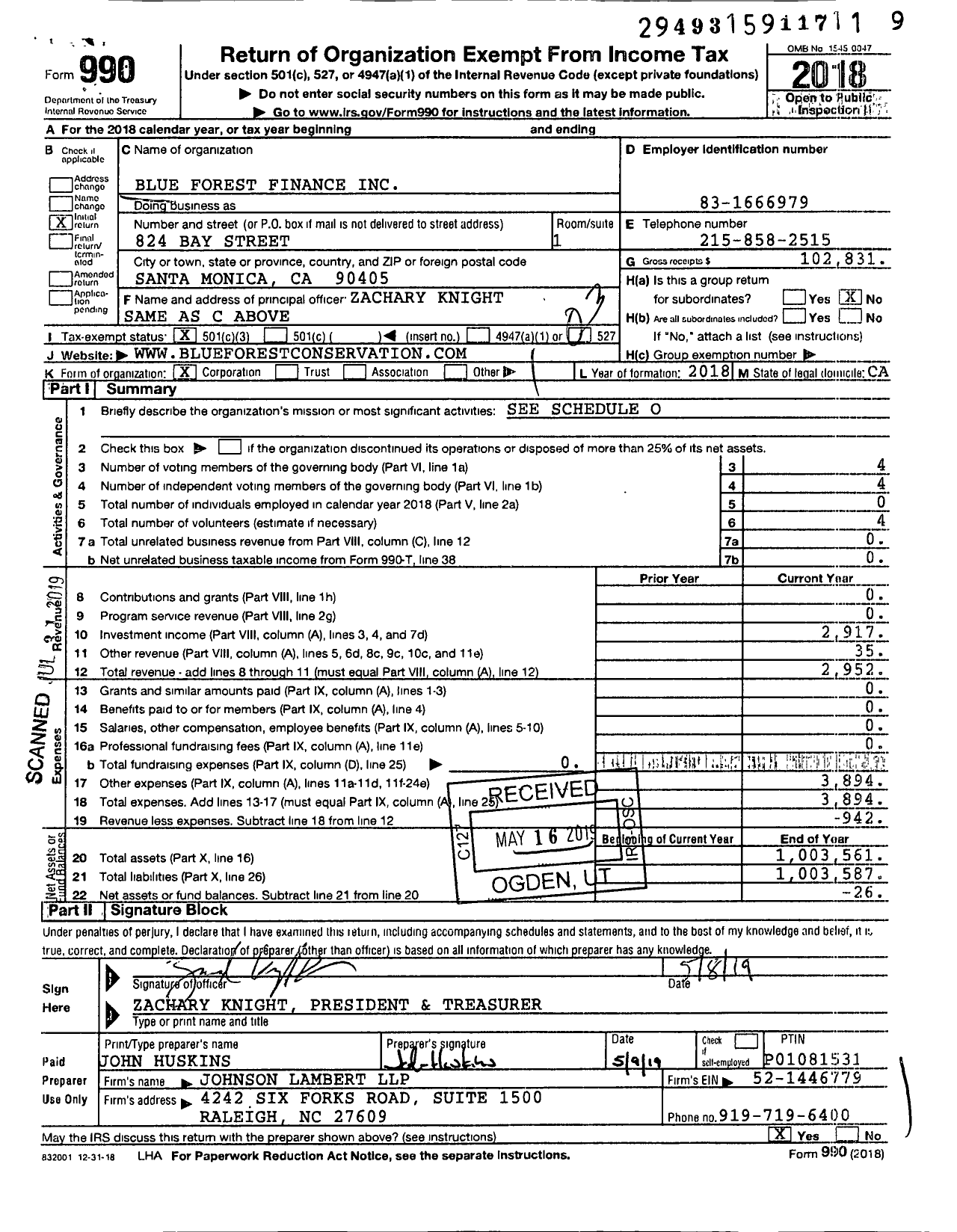 Image of first page of 2018 Form 990 for Blue Forest Finance