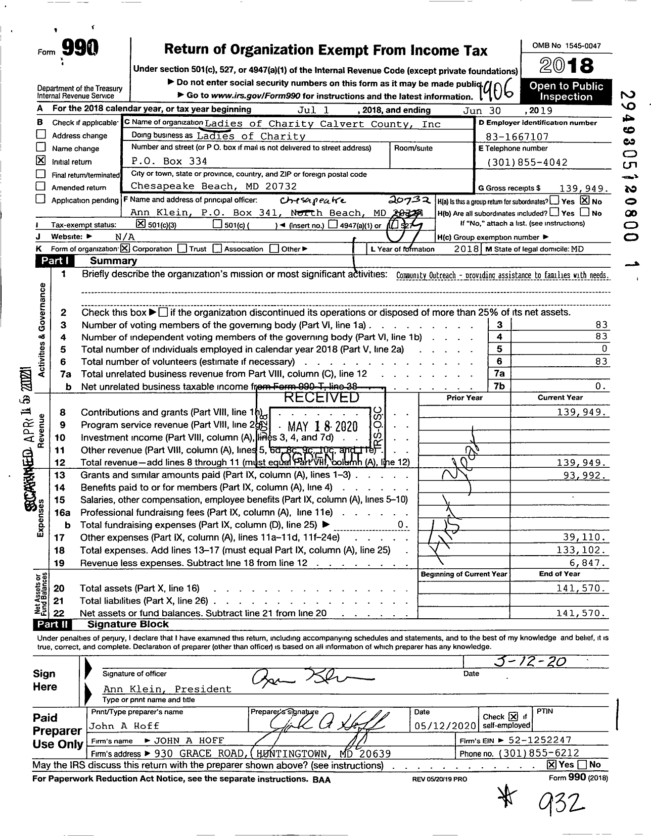 Image of first page of 2018 Form 990 for Ladies of Charity