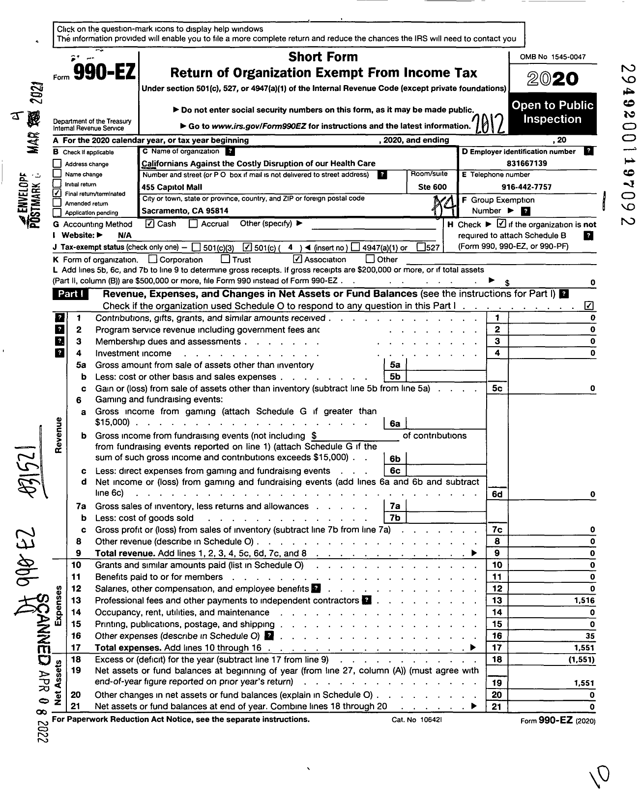 Image of first page of 2020 Form 990EO for Californians Against the Costly Disruption of our Health Care