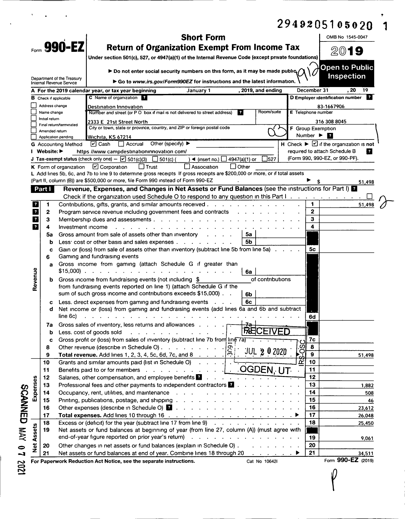 Image of first page of 2019 Form 990EZ for Destination Innovation