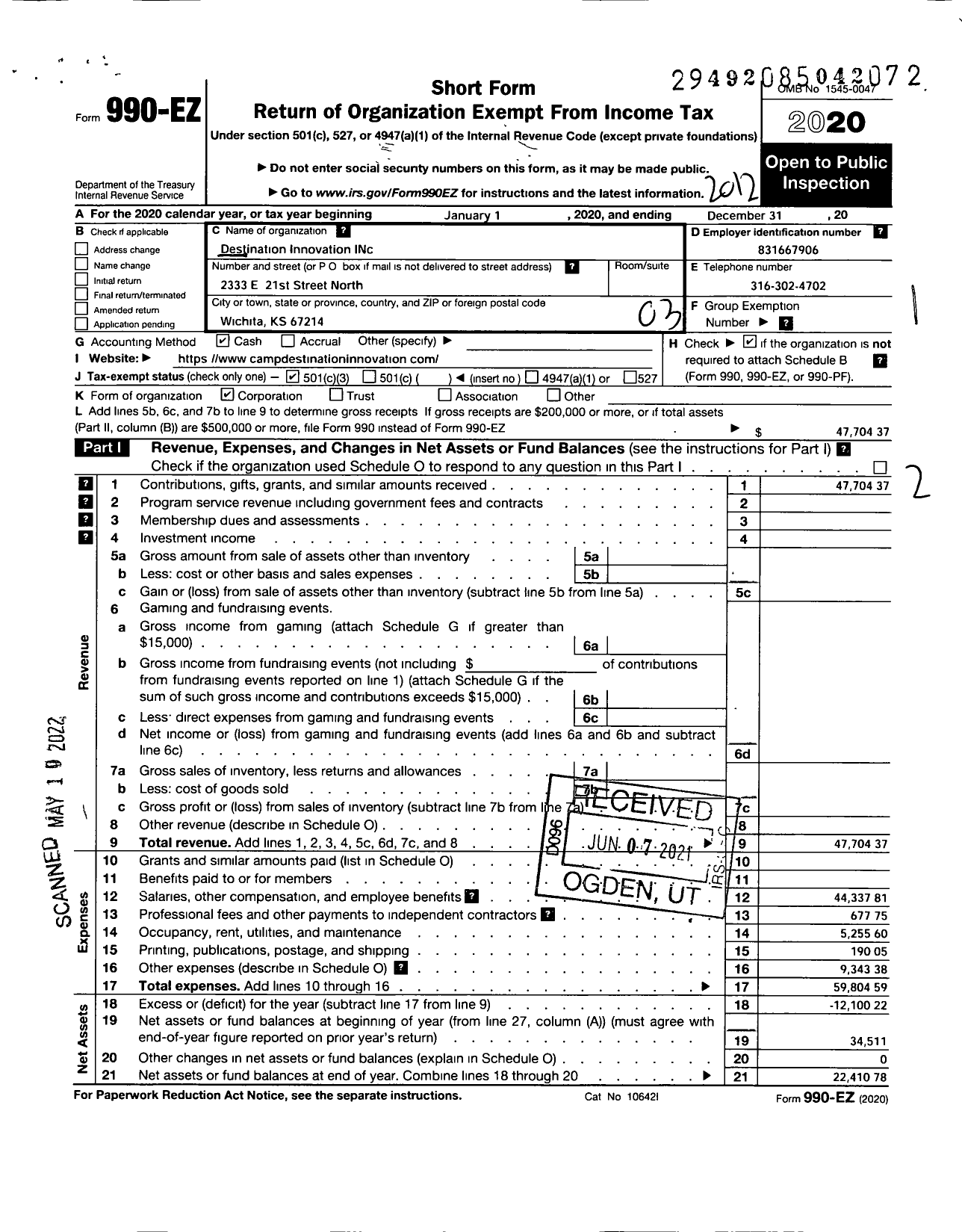 Image of first page of 2020 Form 990EZ for Destination Innovation