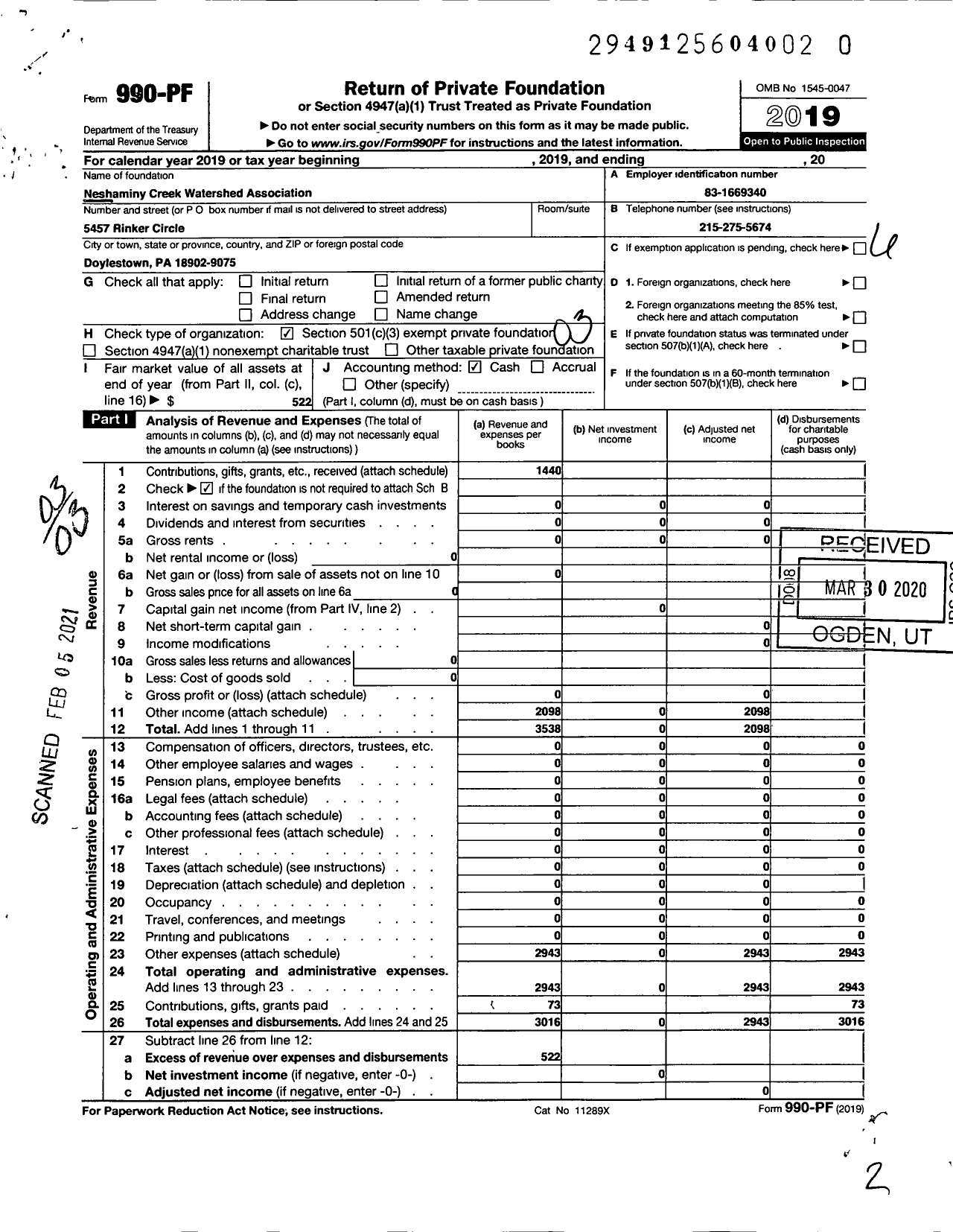 Image of first page of 2019 Form 990PF for Neshaminy Watershed Association