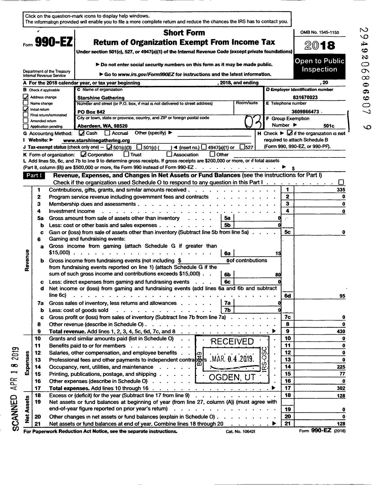 Image of first page of 2018 Form 990EZ for Starshine Gathering