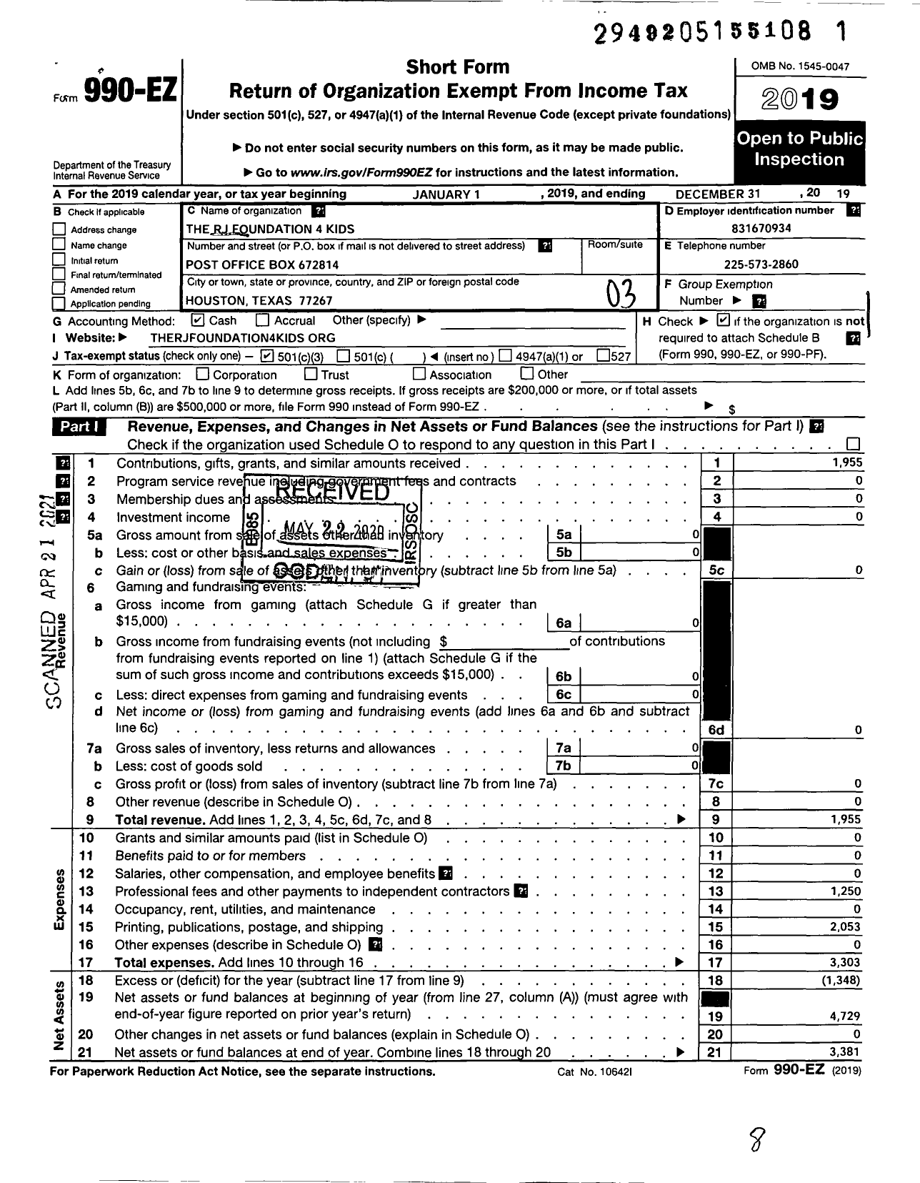 Image of first page of 2019 Form 990EZ for RJ Foundation 4 Kids