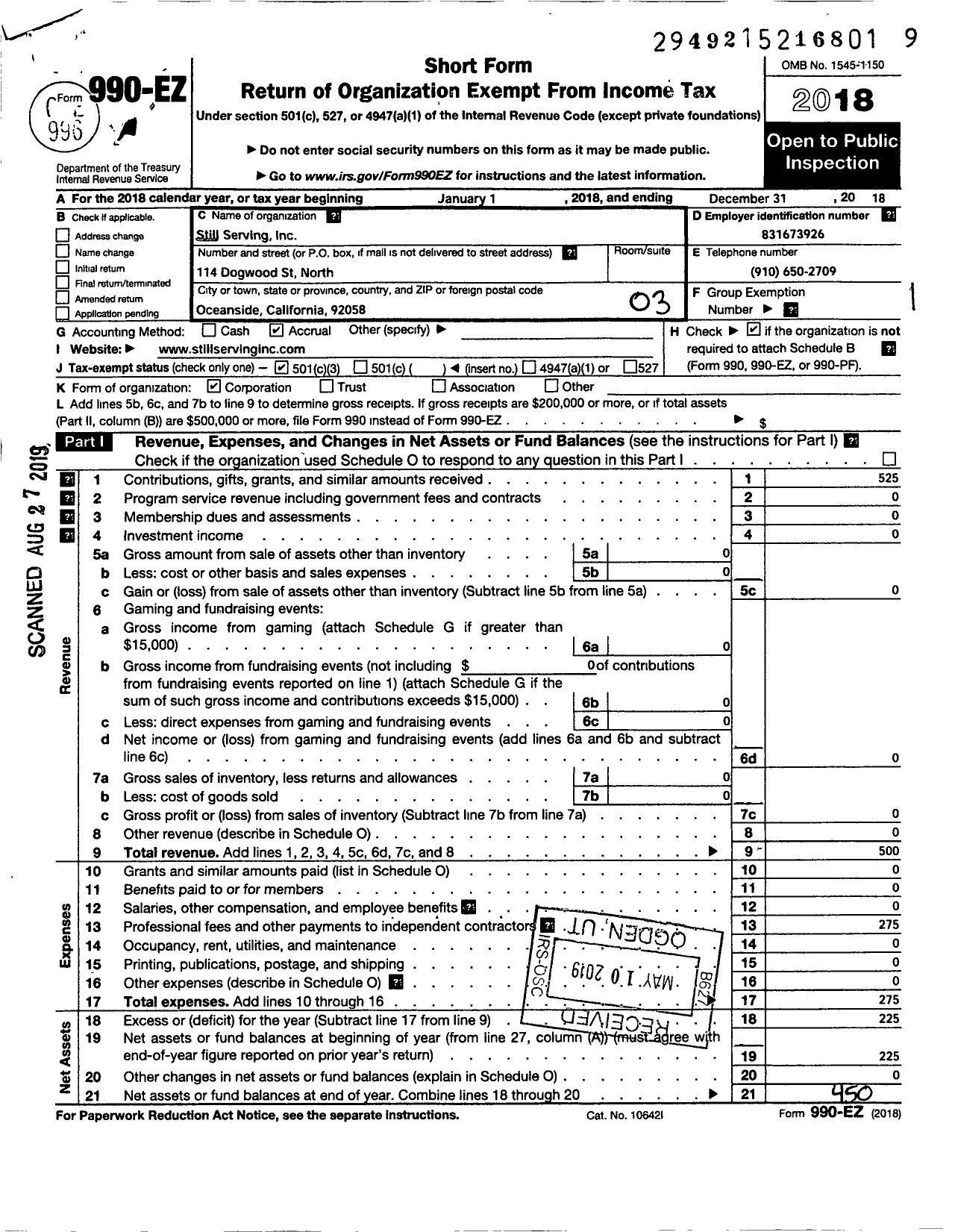 Image of first page of 2018 Form 990EZ for Still Serving