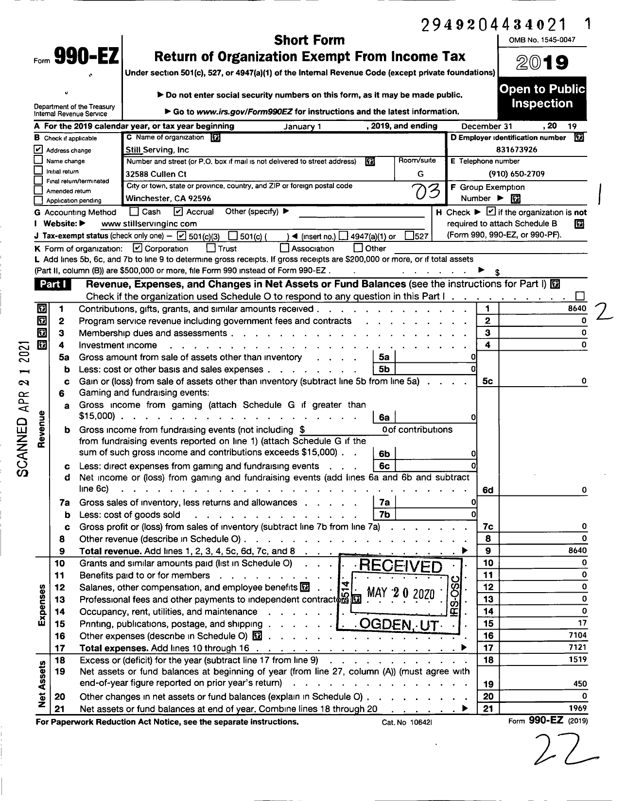 Image of first page of 2019 Form 990EZ for Still Serving