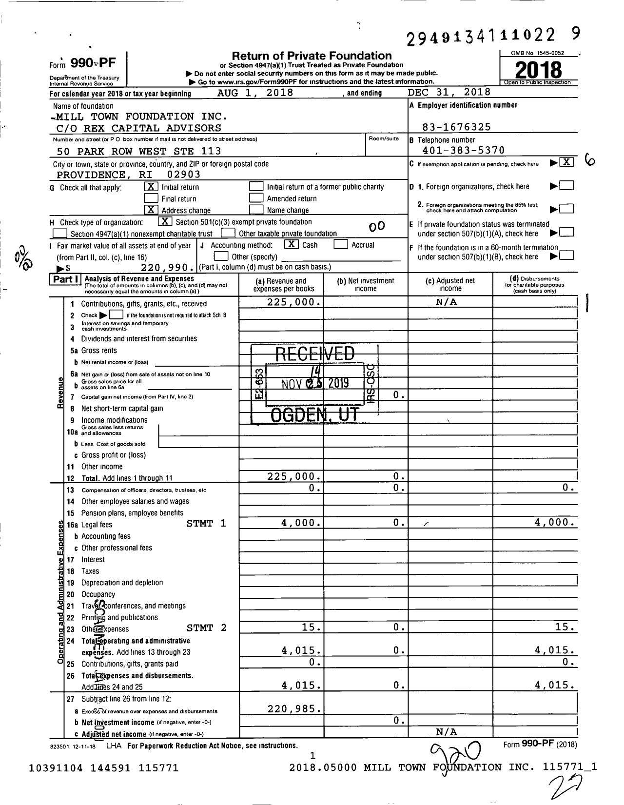 Image of first page of 2018 Form 990PF for Mill Town Foundation