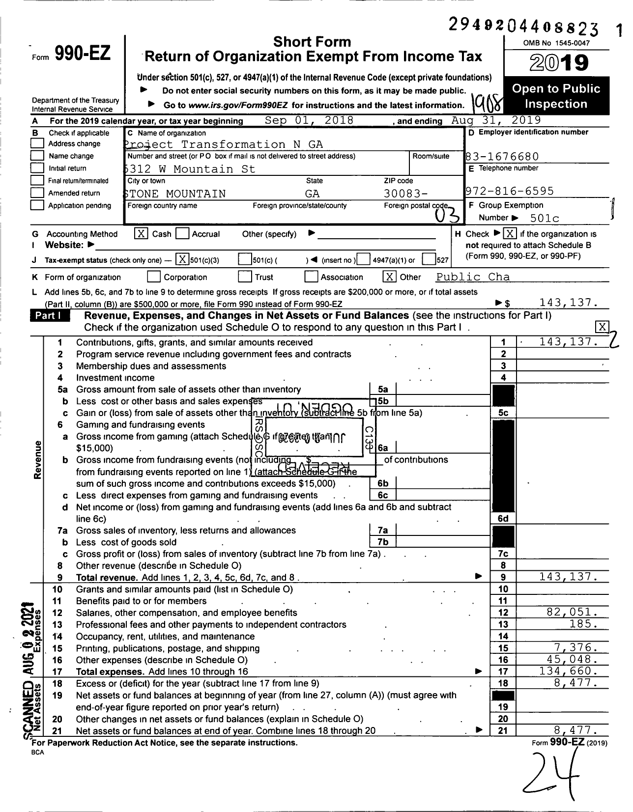 Image of first page of 2018 Form 990EZ for Project Transformation North Georgia