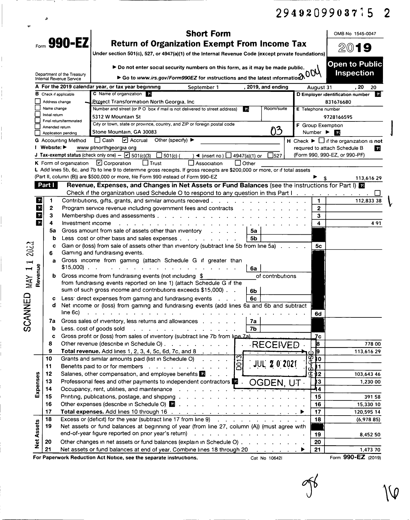 Image of first page of 2019 Form 990EZ for Project Transformation North Georgia