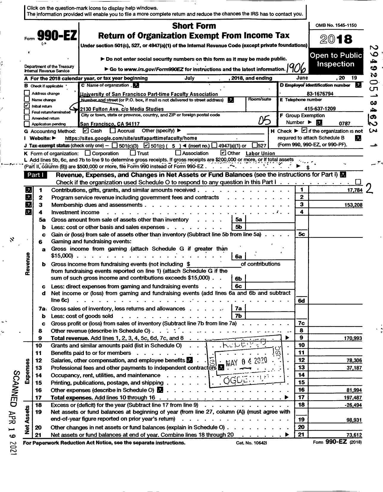 Image of first page of 2018 Form 990EO for American Federation of Teachers - USF Ptfa