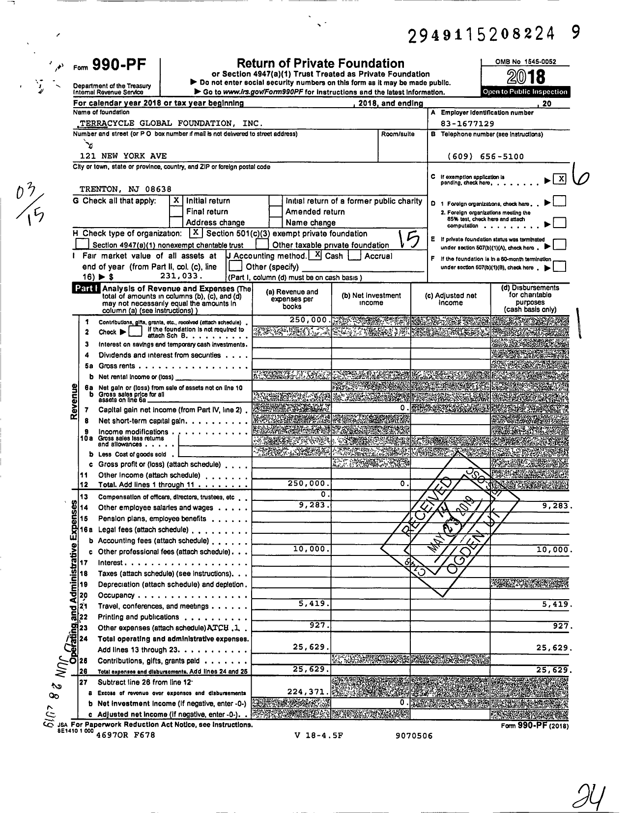 Image of first page of 2018 Form 990PF for TerraCycle Global Foundation