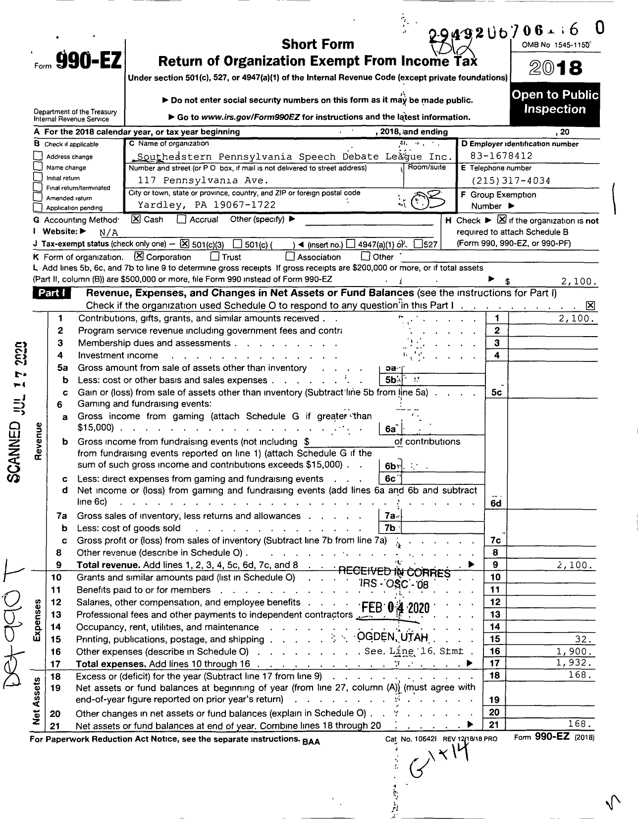 Image of first page of 2018 Form 990EZ for Southeastern Pennsylvania Speech Debate League (SPDL)