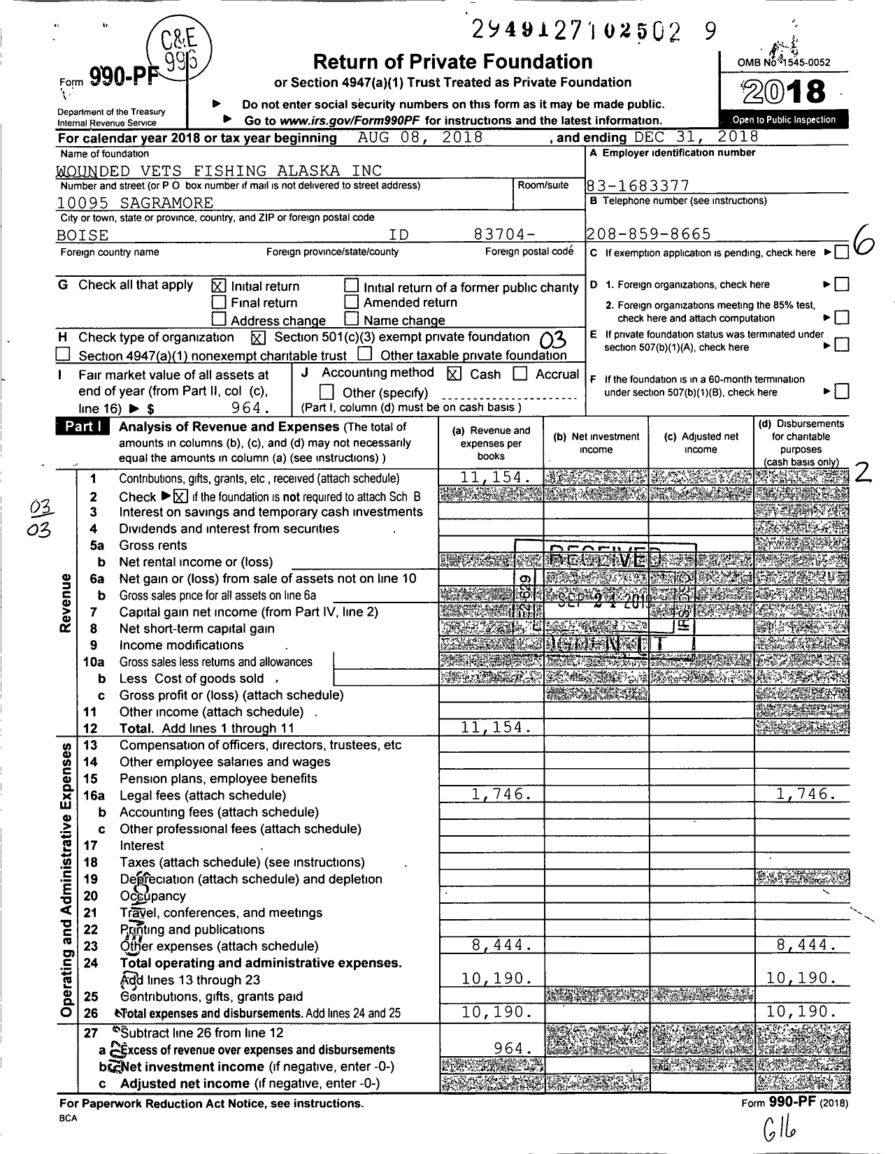 Image of first page of 2018 Form 990PF for Wounded Vets Fishing Alaska