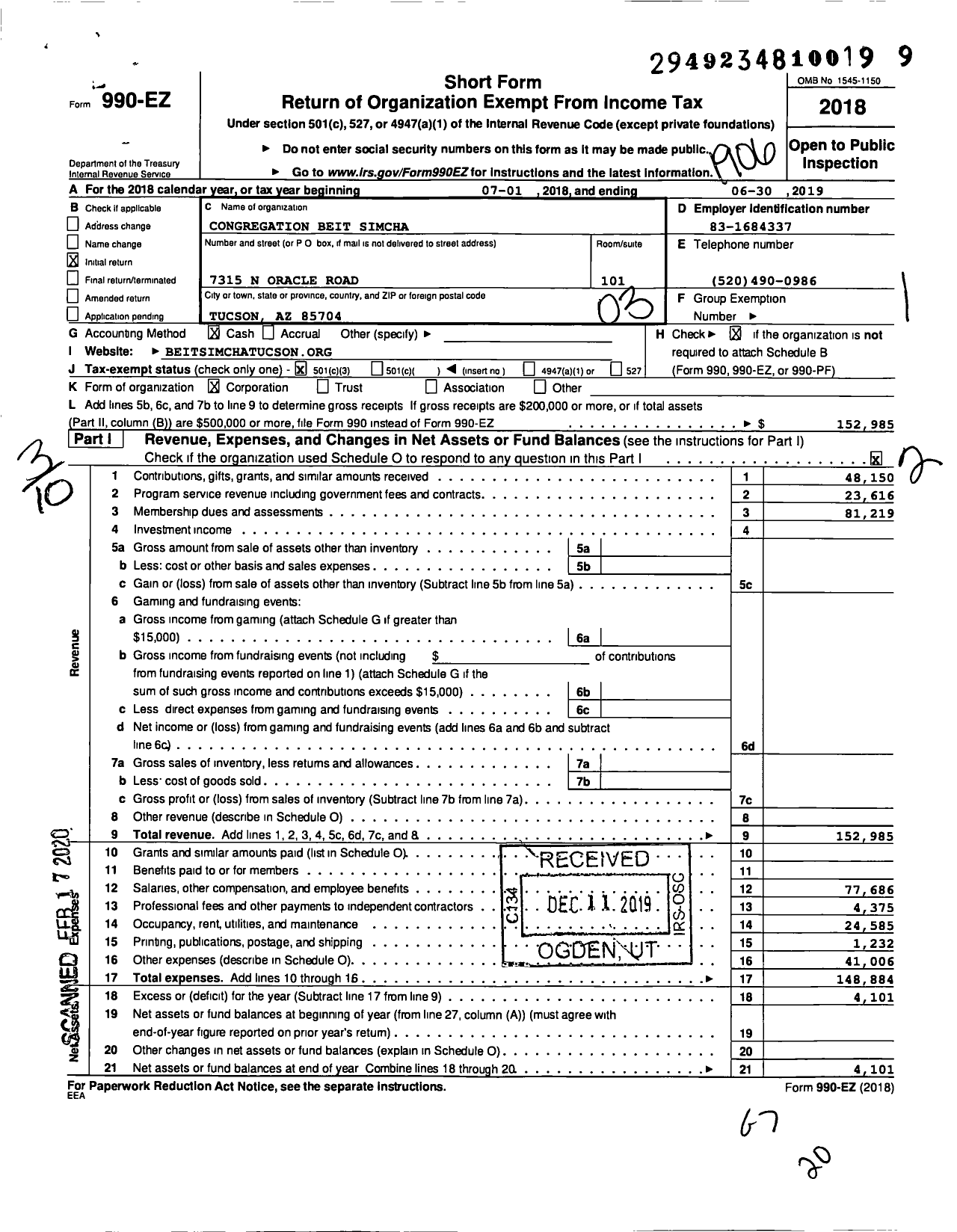 Image of first page of 2018 Form 990EZ for Congregation Beit Simcha