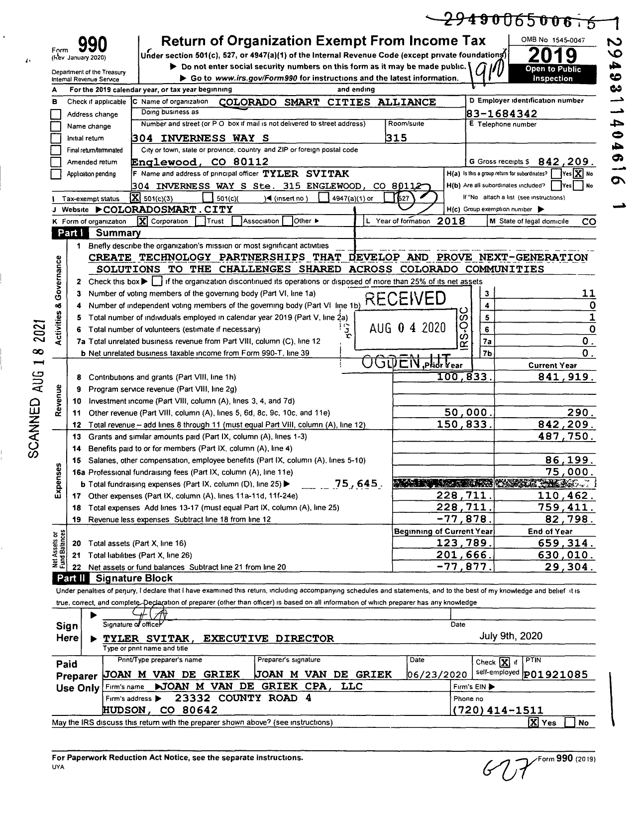 Image of first page of 2019 Form 990 for Colorado Smart Cities Alliance
