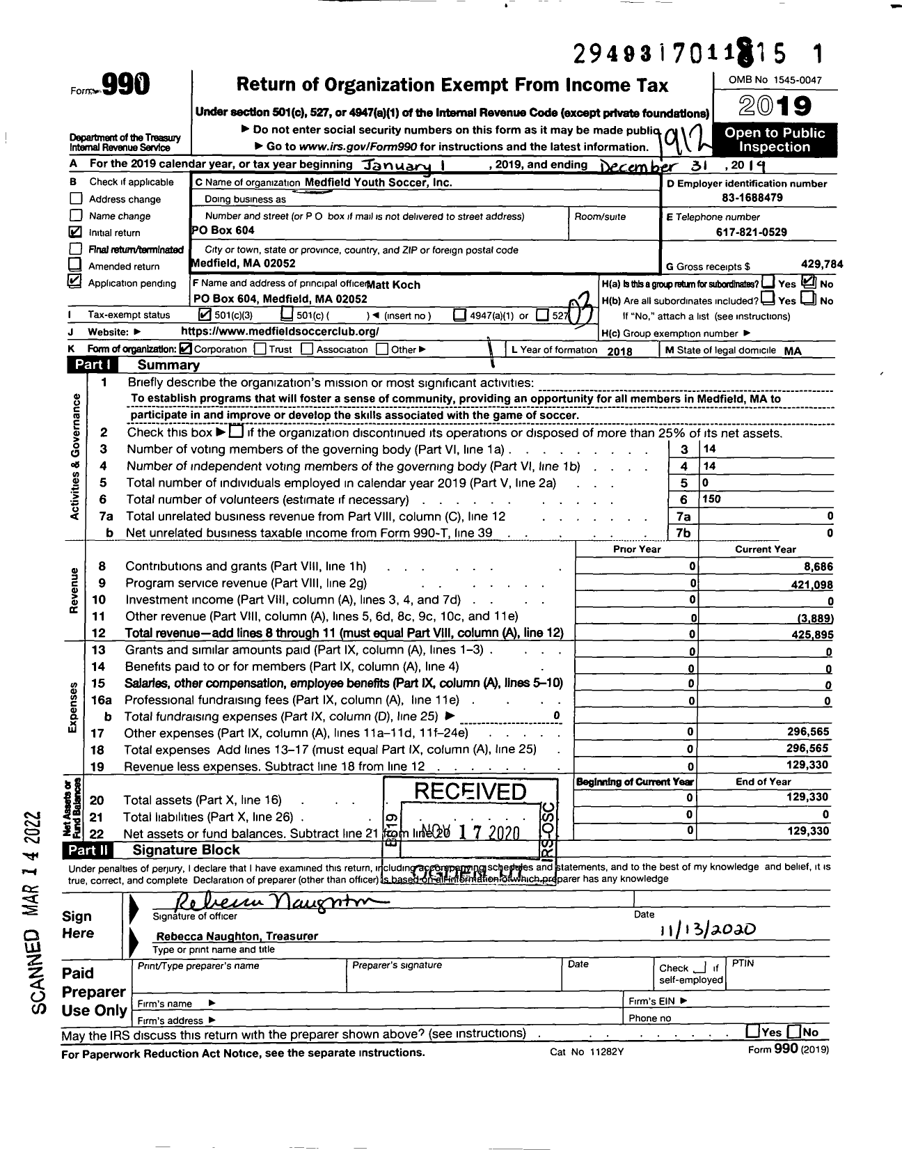 Image of first page of 2019 Form 990 for Medfield Youth Soccer