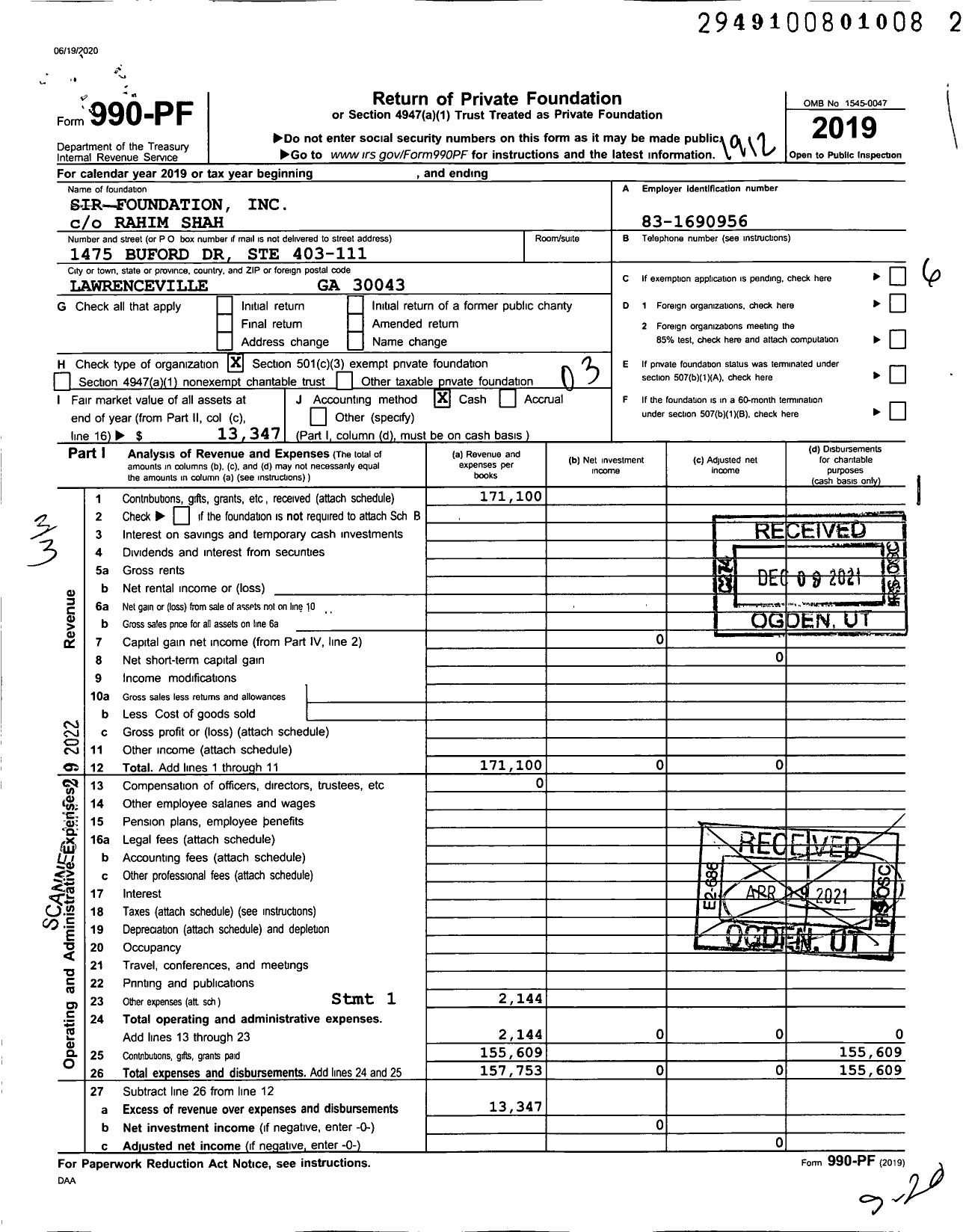 Image of first page of 2019 Form 990PF for Sir Foundation